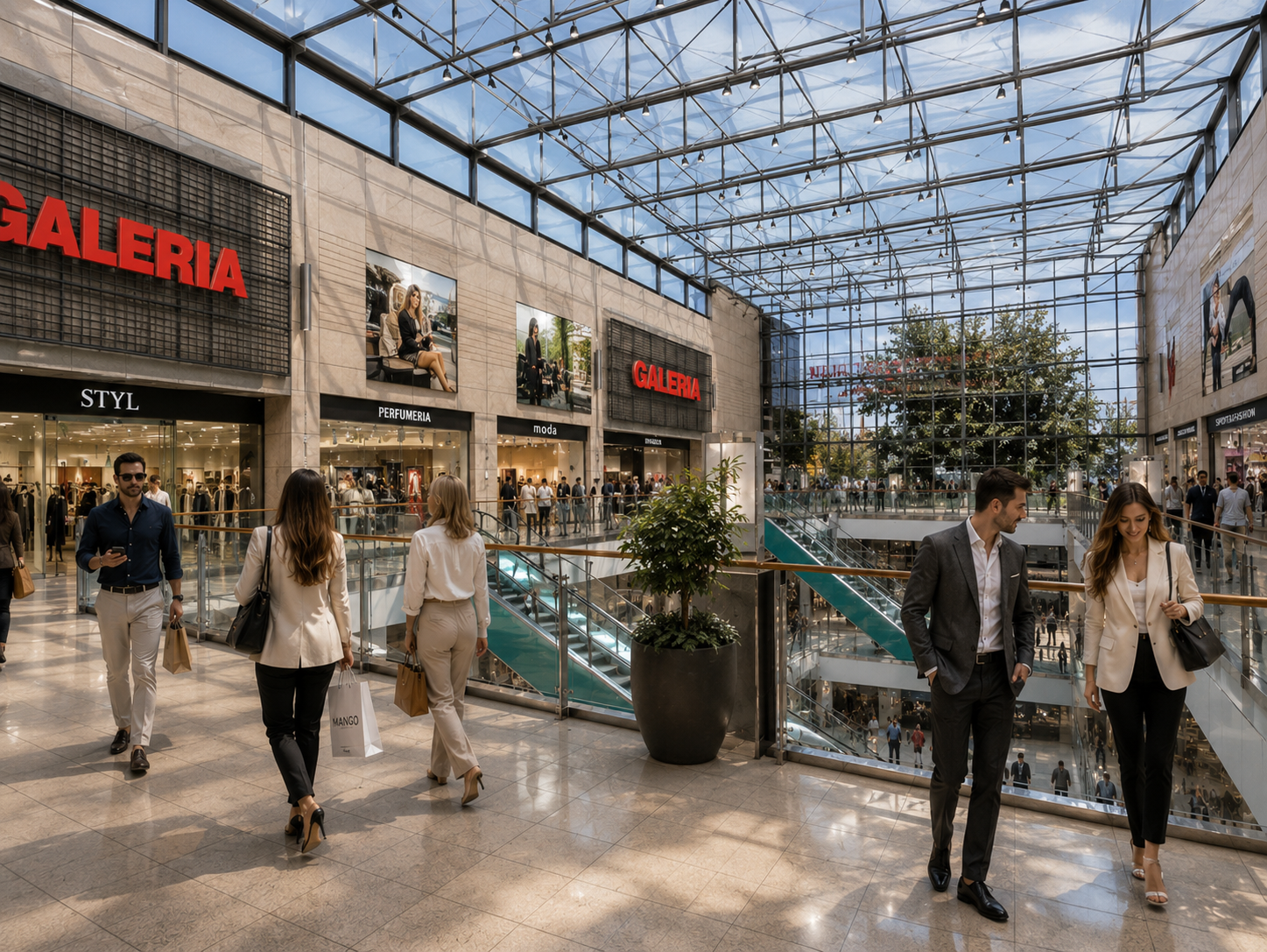 Interior of a shopping mall with people walking and shopping, large glass ceiling, Shopping Mall, shoping Center Kraków. Train Station