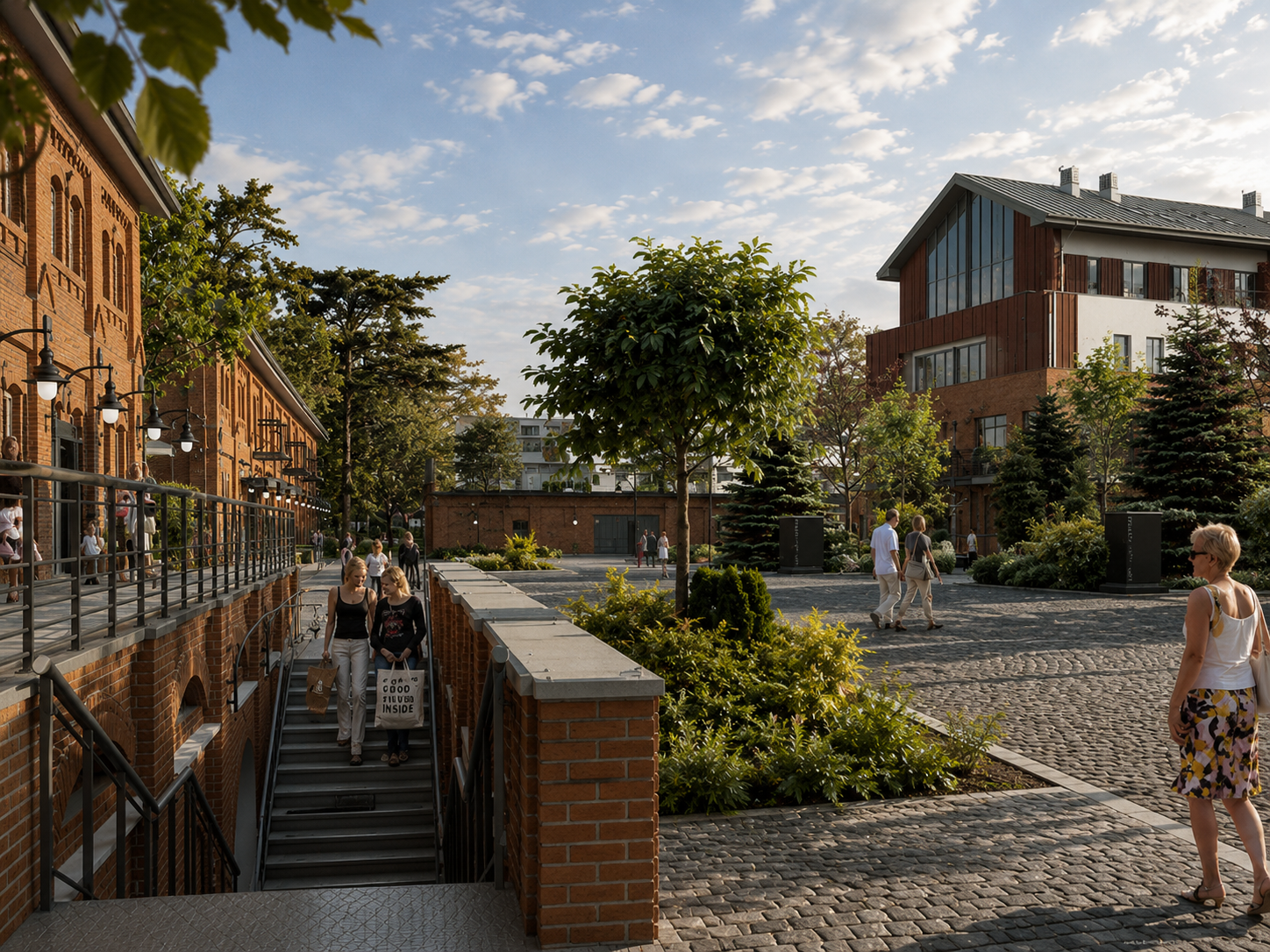 People walking and standing in a modern outdoor urban plaza with brick buildings, trees, and cobblestone pavement during late afternoon or early evening. Folwark Scheiblera Łódź, Vertano, Park nad Jasieniem