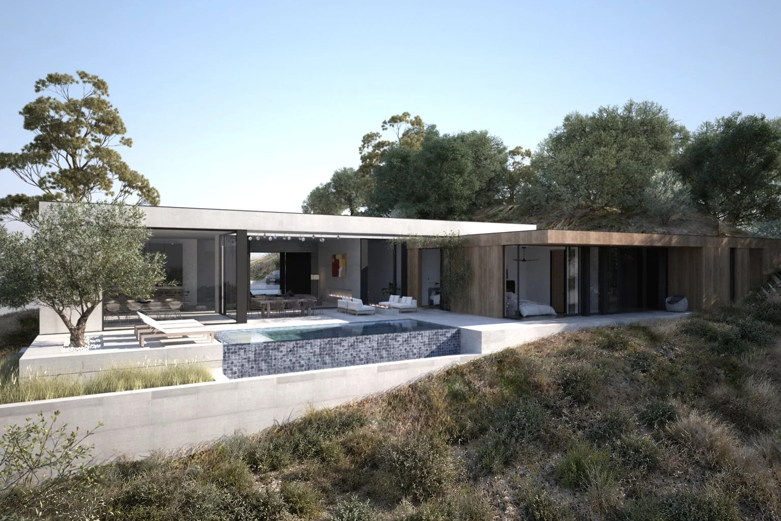 Modern house with large glass windows and outdoor pool, Greenbrae, Marin County, California