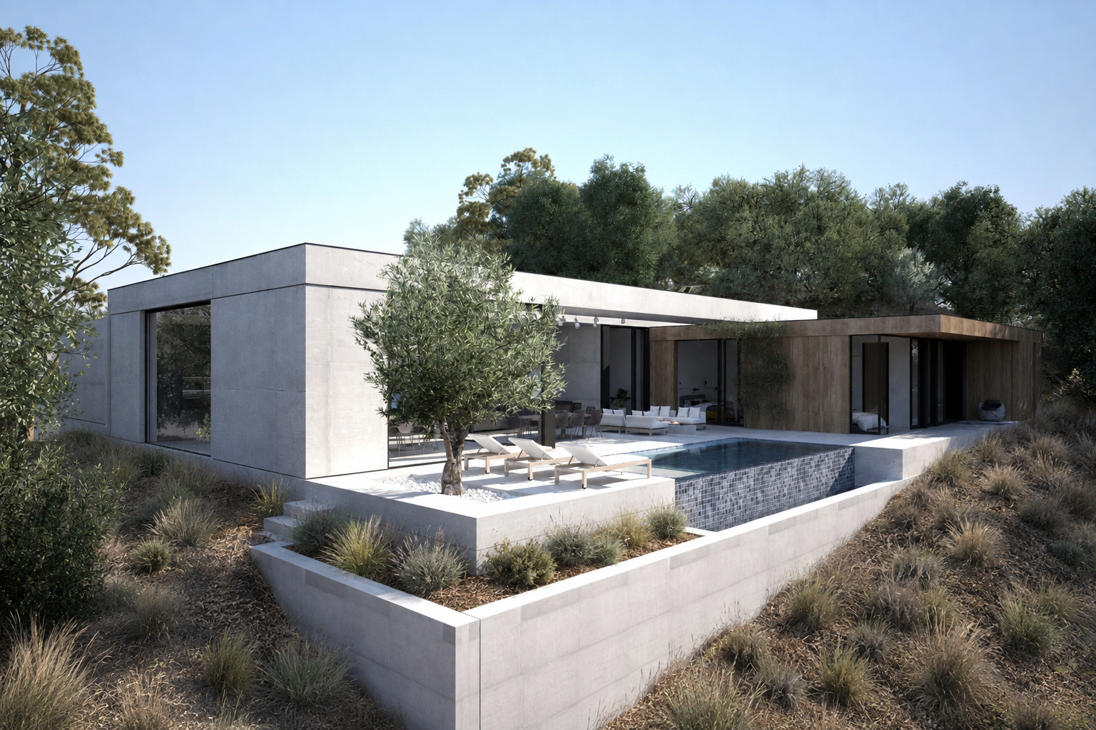 Modern house with concrete and wood exterior, outdoor pool, patio with sun loungers, Greenbrae, California