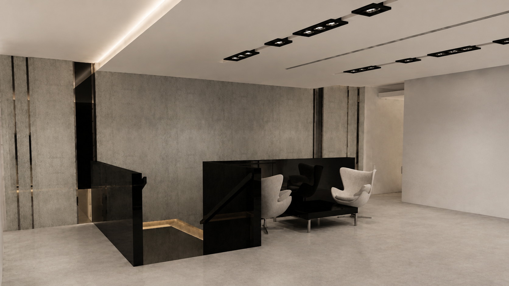 Modern minimalist lobby with black and white chairs, concrete walls, and black ceiling fixtures.
