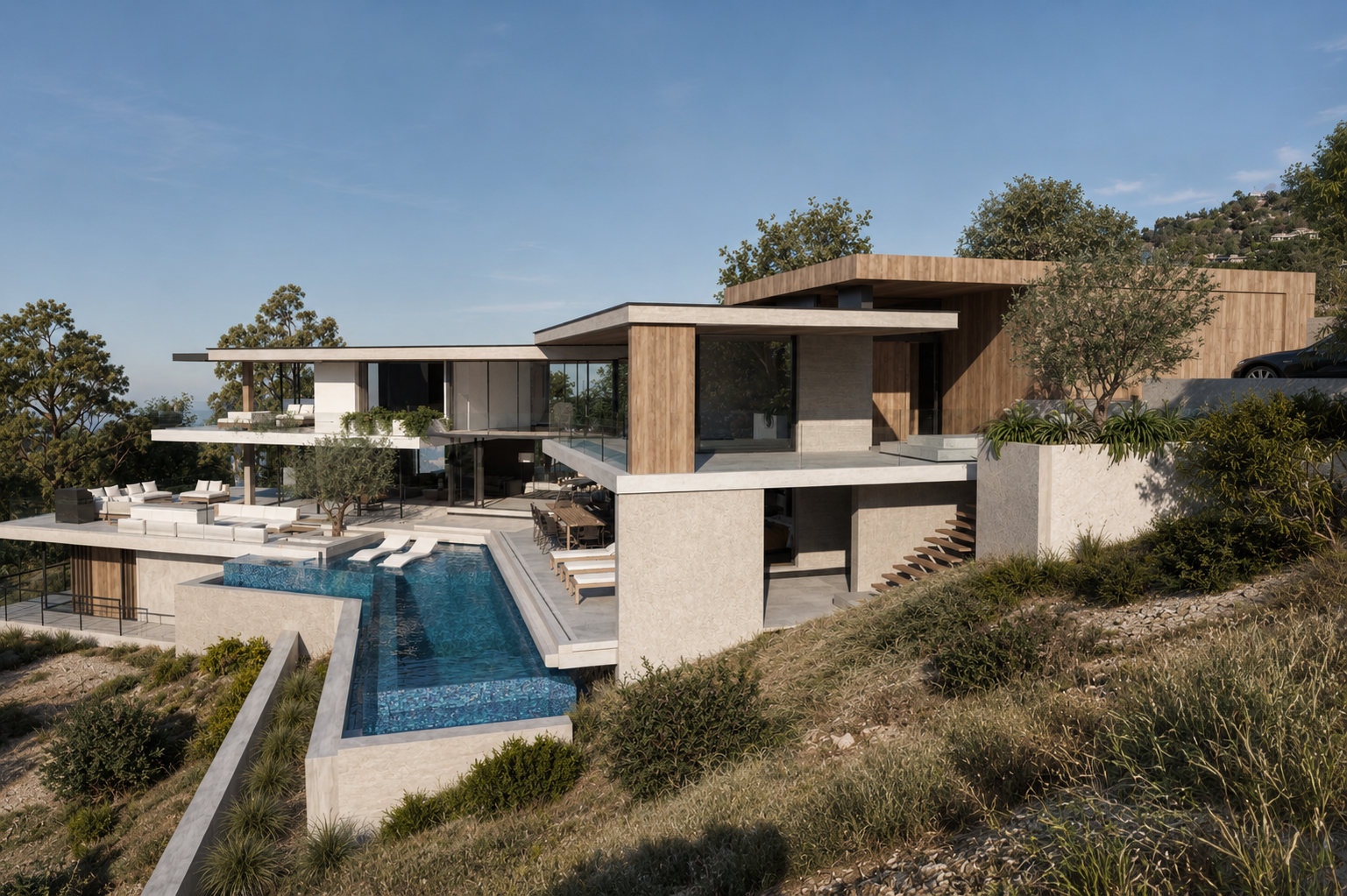 Modern multi-level house with outdoor pool, surrounded by trees and hillside, featuring wood and concrete exterior. Kentfield, Marin County, California