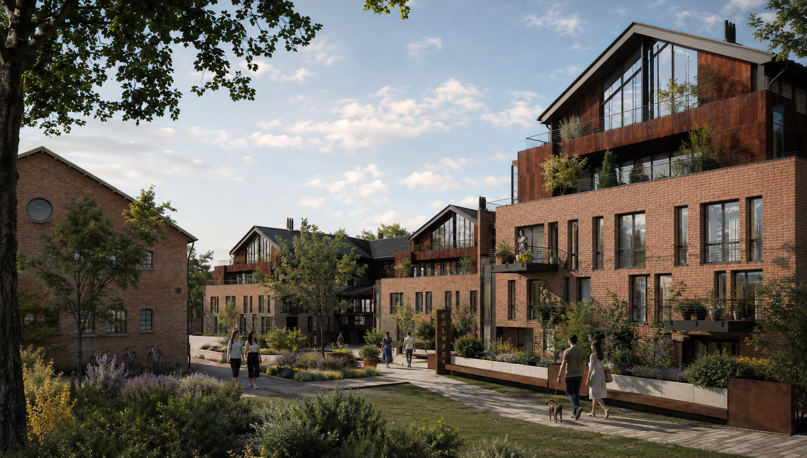 Modern multi-story apartment buildings with brick and rust-colored metal exteriors, large glass windows, balconies with plants, surrounded by landscaped green space and trees, with people walking and biking in the park-like area. Folwark Scheiblera