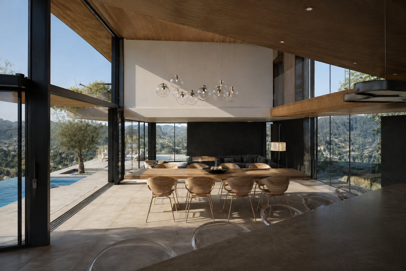 Modern dining room with large glass windows and sliding doors opening to an outdoor pool and scenic mountains. Kentfield ridge. Marin County, California