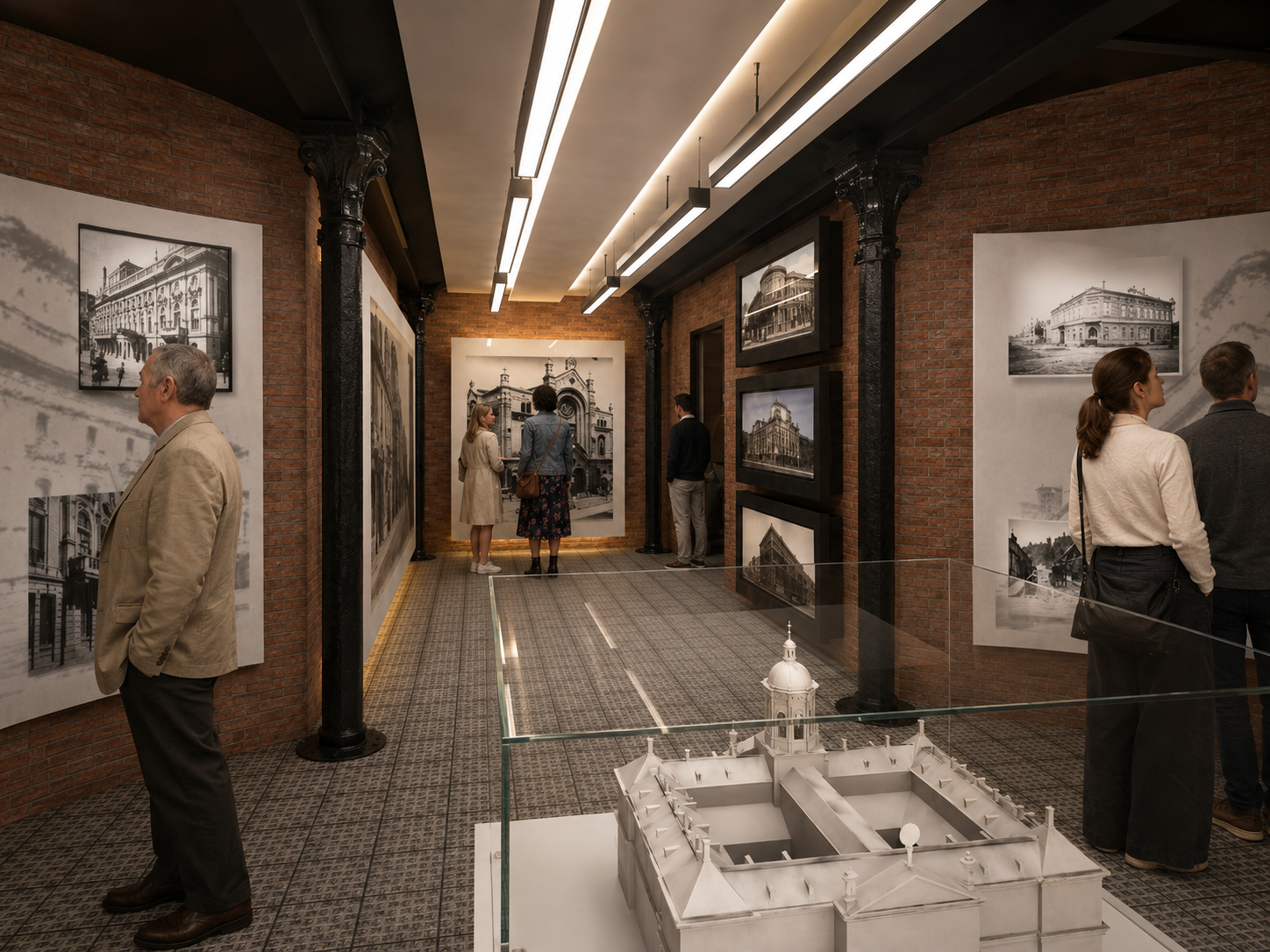 People viewing black and white photographs of historic buildings in art gallery with brick walls and black columns, and a scale model of a historic building in the foreground.