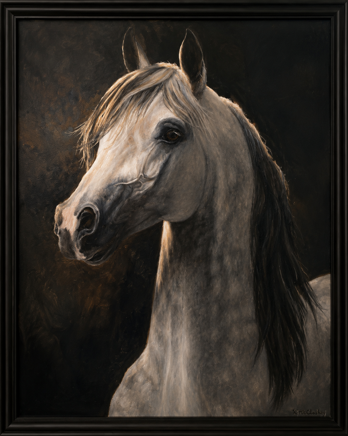 Painting of a gray horse with a black background.