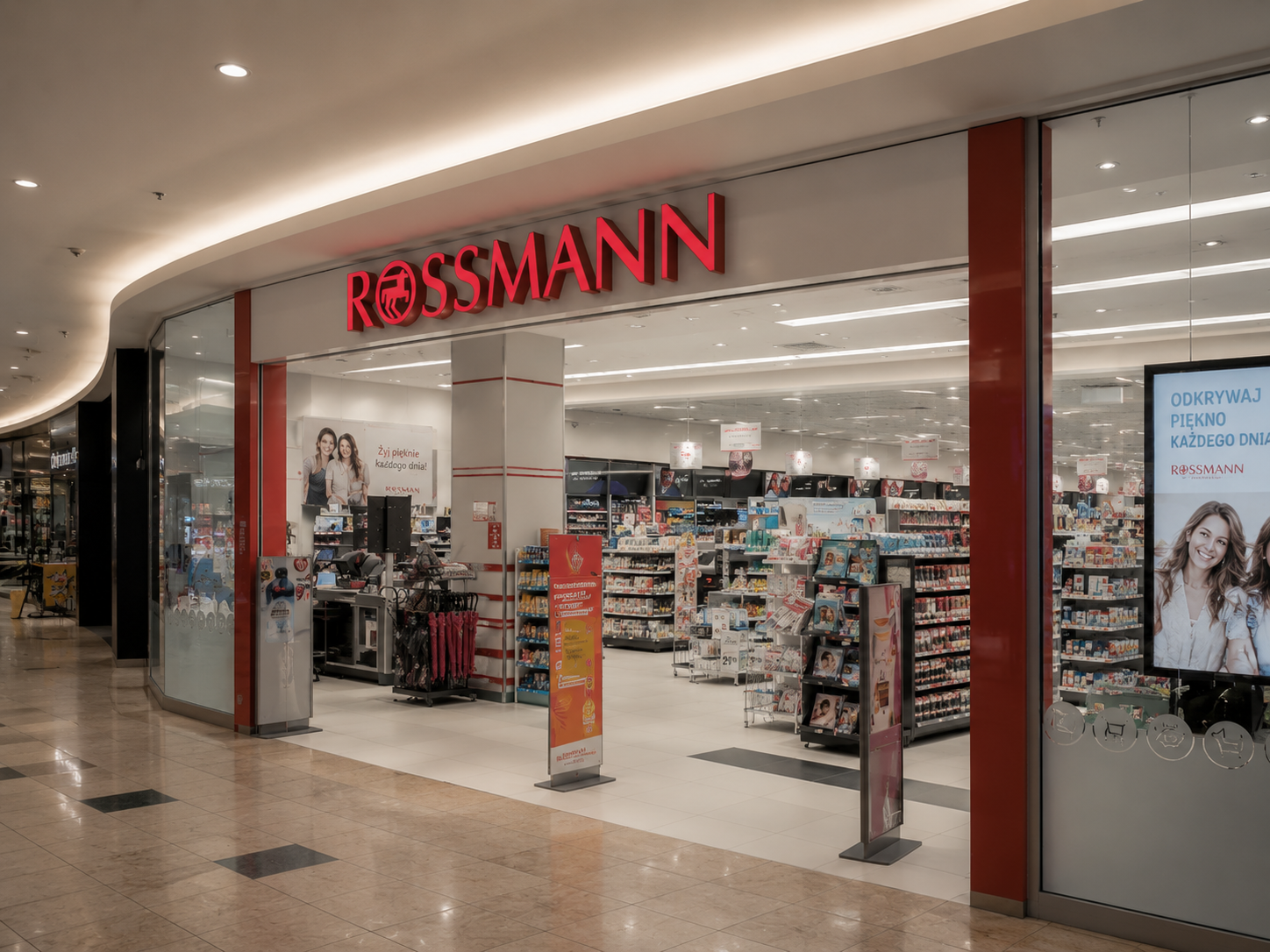 View of a Rossmann store entrance with red signage inside a shopping mall, showing shelves of products and digital advertising monitors.