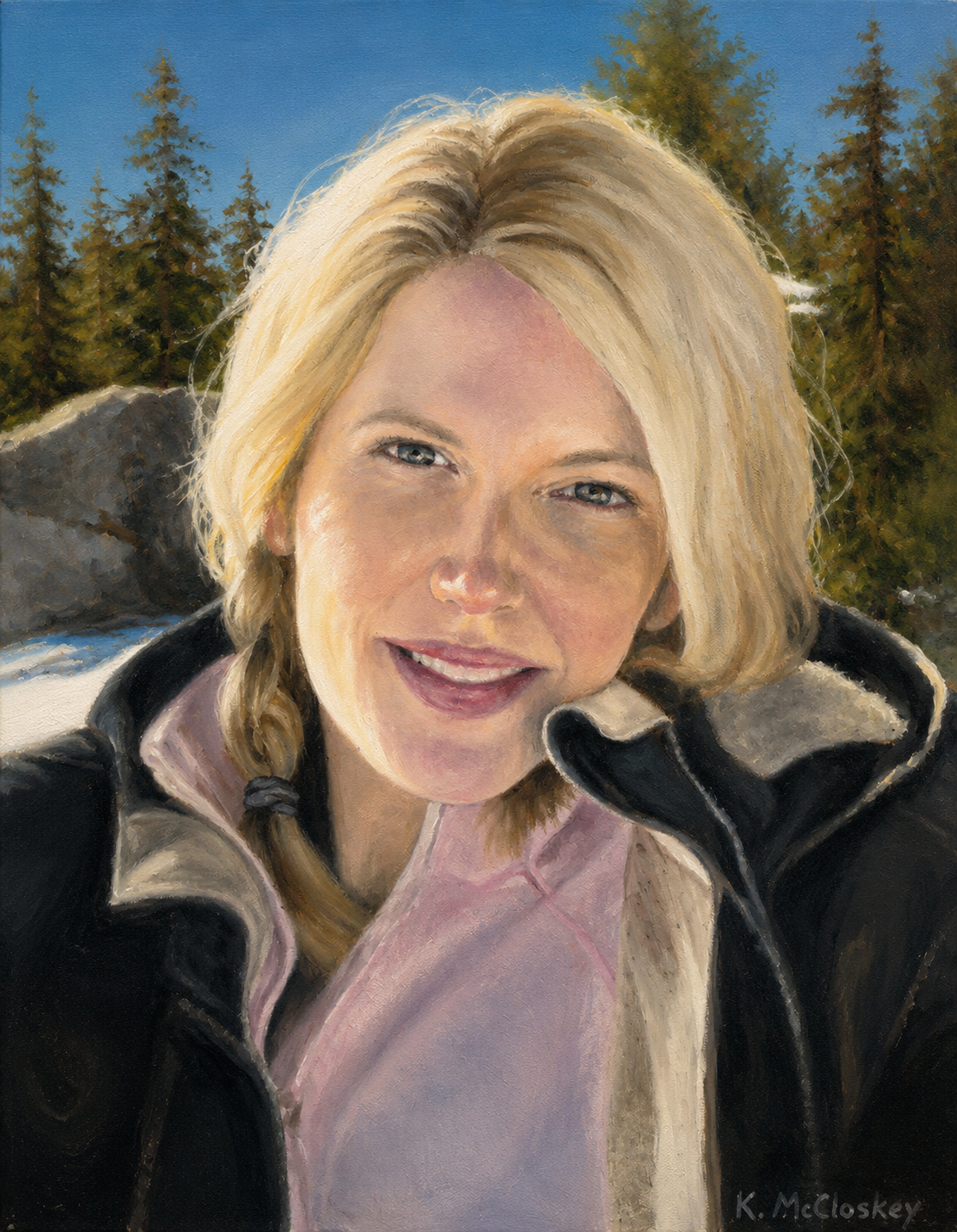 Painting of a woman with blond hair, smiling, outdoors with pine trees and rocks in the background.
