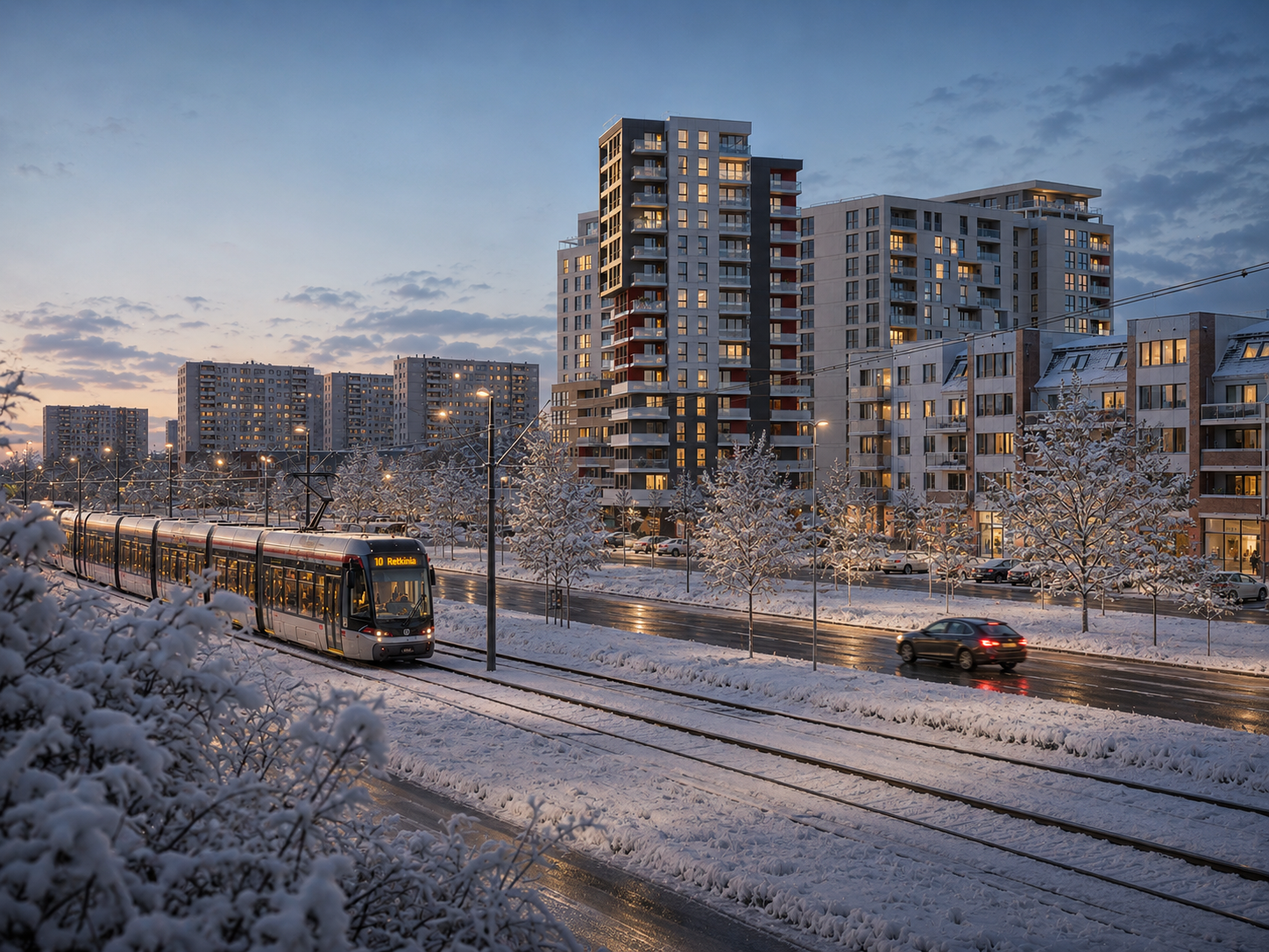 A cityscape at dusk in winter, with snow-covered trees and streets, high-rise apartment buildings with illuminated windows, a tram on tracks, and a car driving along the wet road. New construction
