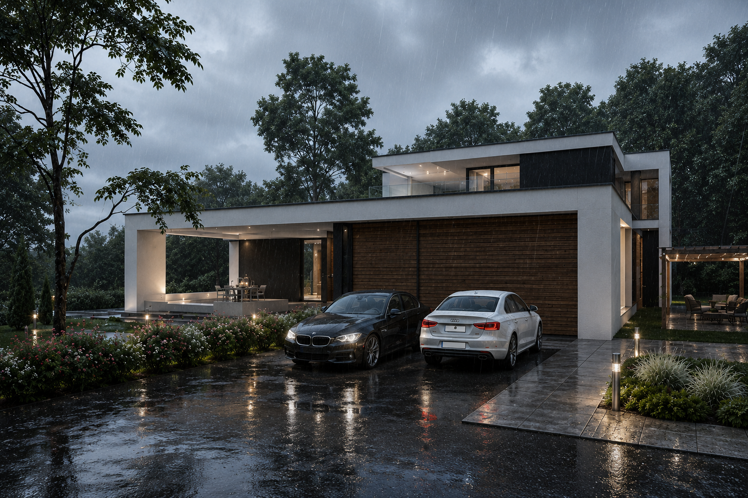Modern house with white and black exterior, large windows, and wooden accents, Chicago