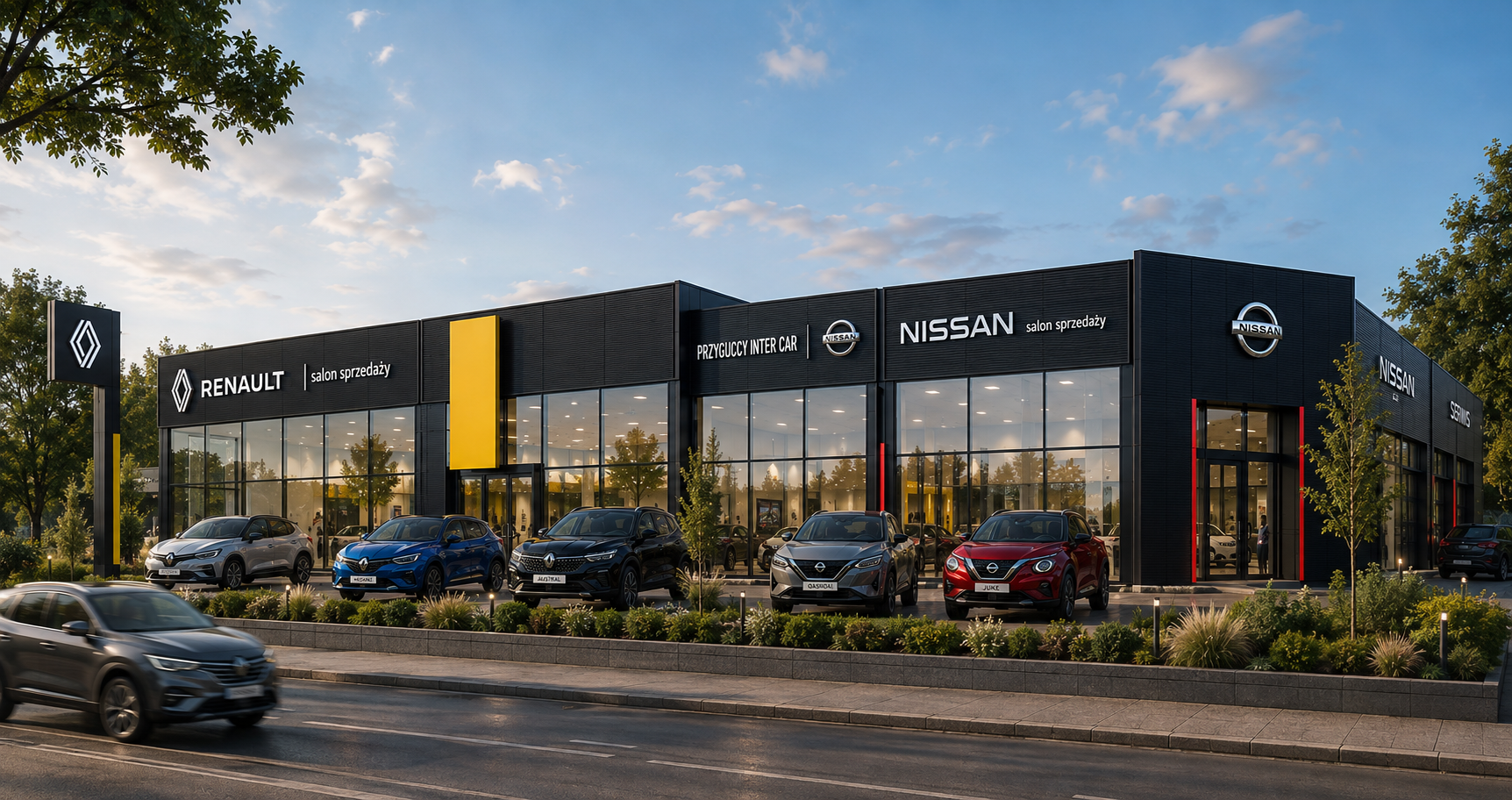 A modern car dealership displaying Renault, Nissan, and Dacia vehicles with glass windows, outdoor cars, and brand signage.