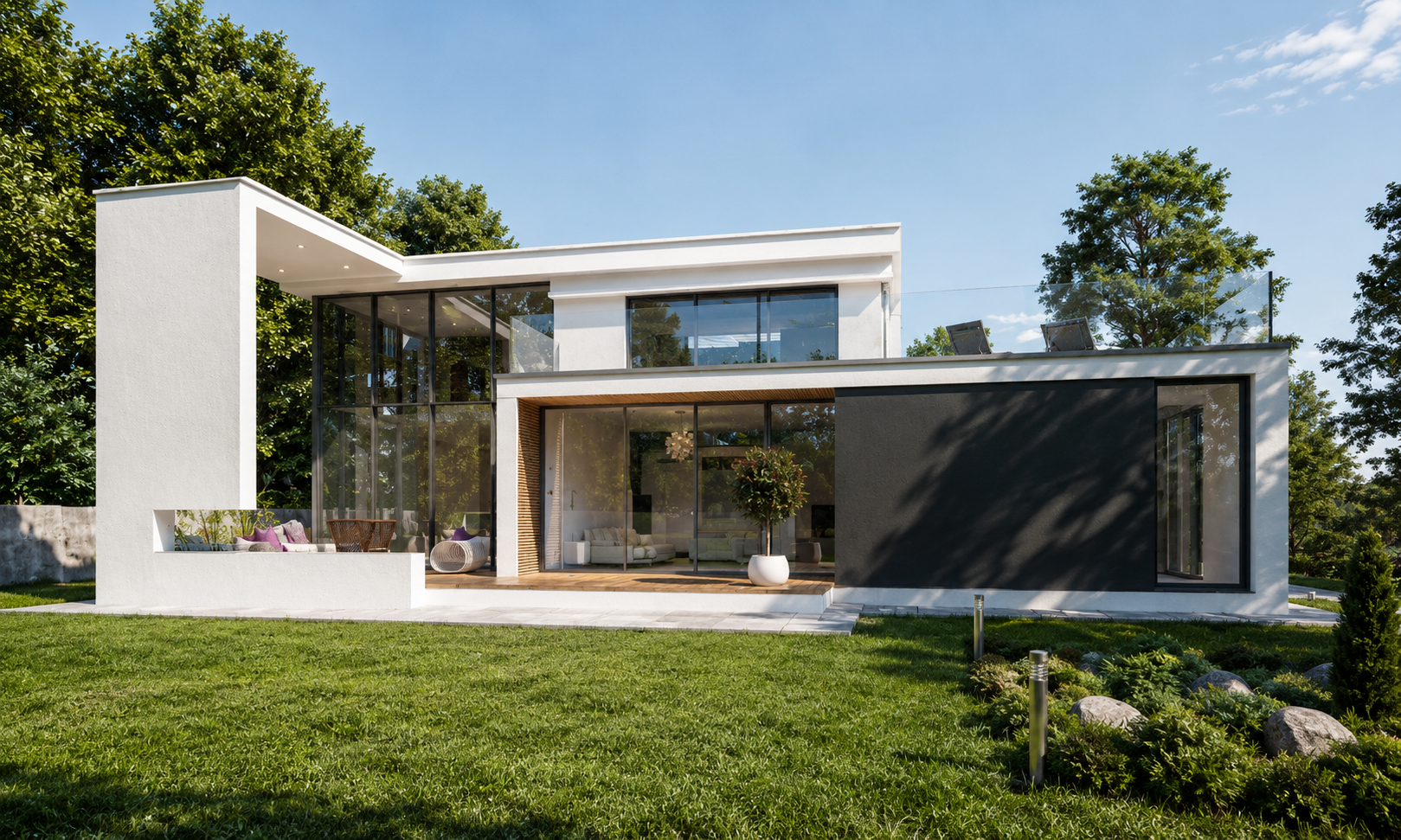 Modern two-story house with large glass windows, Chicago