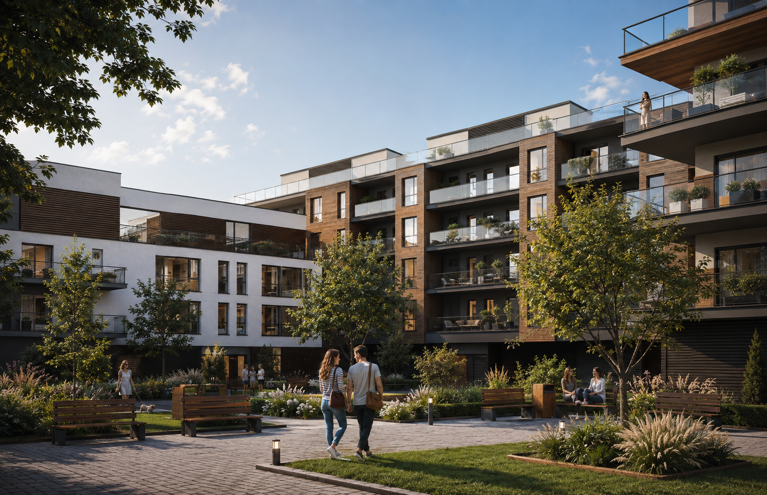New apartment complex with outdoor landscaped courtyard, people walking and sitting, trees, and modern buildings, Konstantynowska, Ogród Botaniczny Łódź