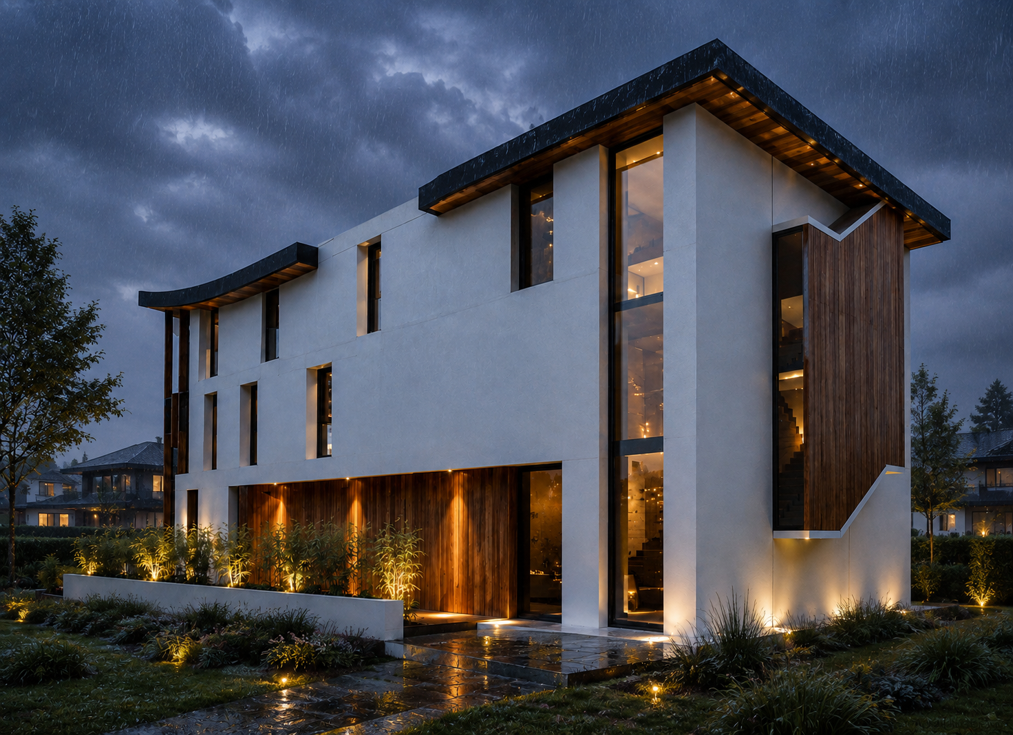 Modern multi-story house with illuminated windows, 'Norel,' Poland