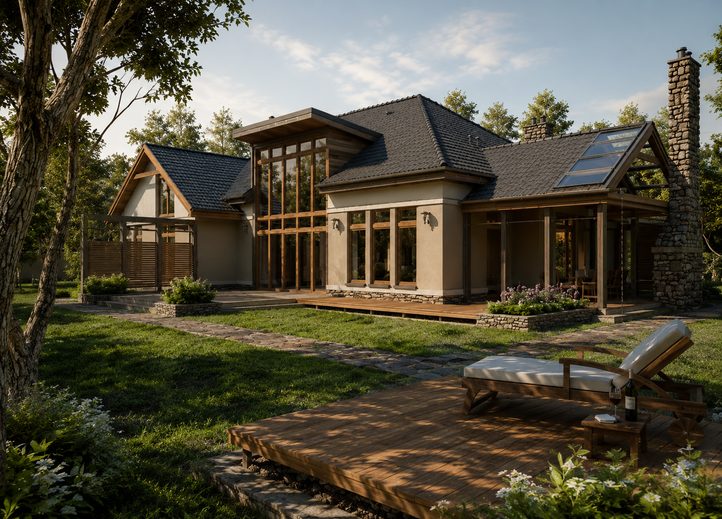 A modern house with large windows and a wooden deck, Poland