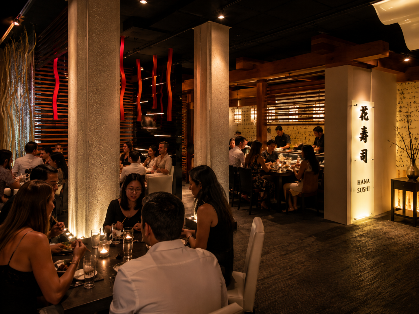 Interior of a Japanese restaurant with diners eating and servers preparing food, illuminated with warm lighting, with a sign that reads 'HANA SUSHI' in Japanese characters. Grand Hotel