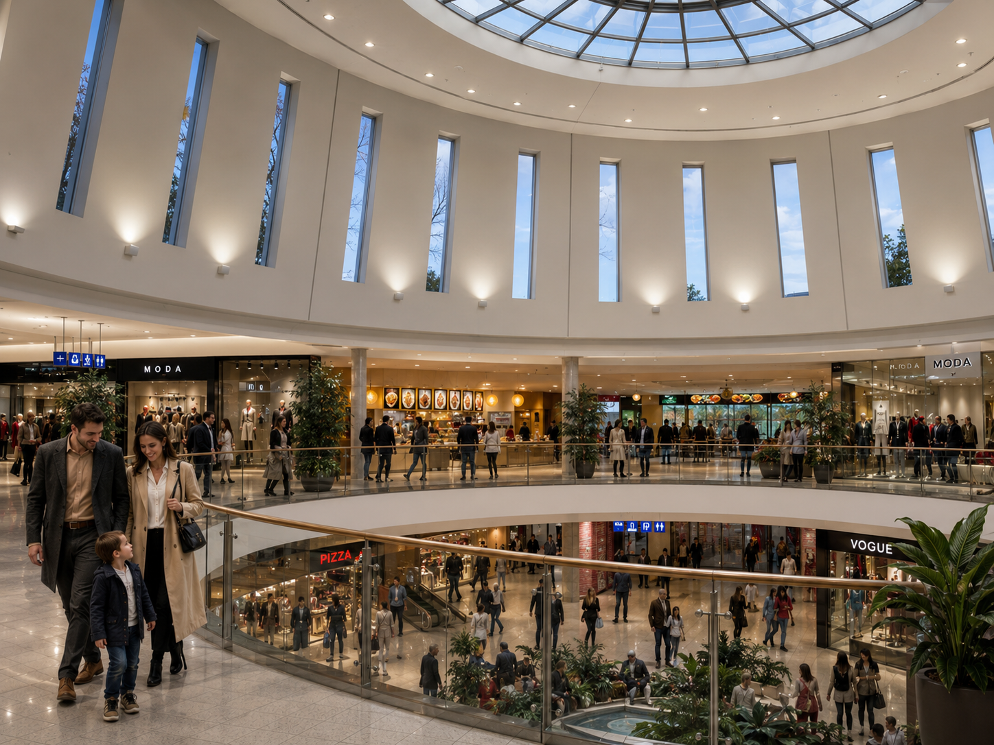 Interior of a shopping mall with multiple levels, shoppers walking, and stores like Vogue and Moda visible, surrounded by large windows and a glass ceiling.