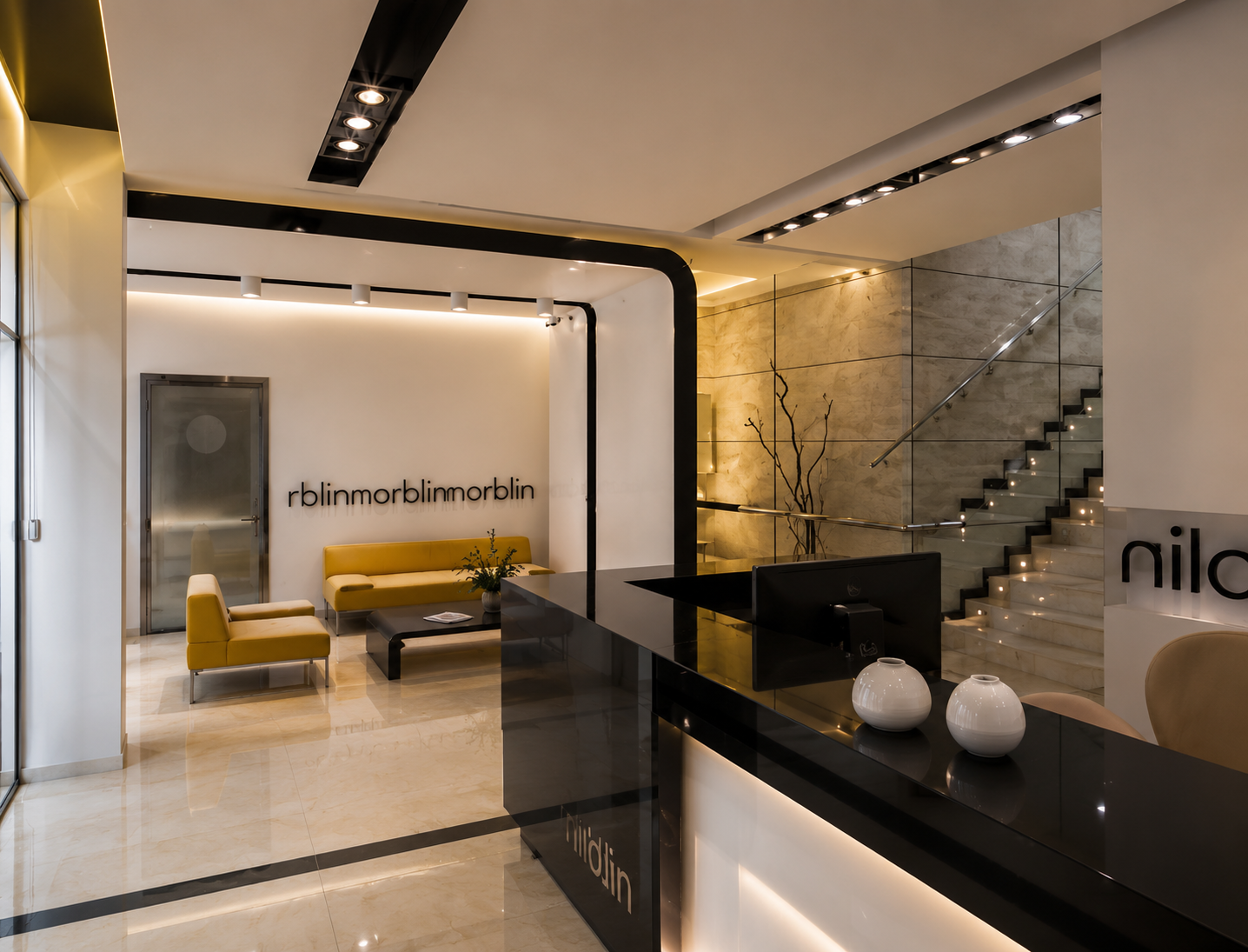 Modern hotel lobby with yellow couches, black and white counter, staircase with lights, and decorative branches, featuring minimalist decor and neutral tones. Norblin, Warsaw