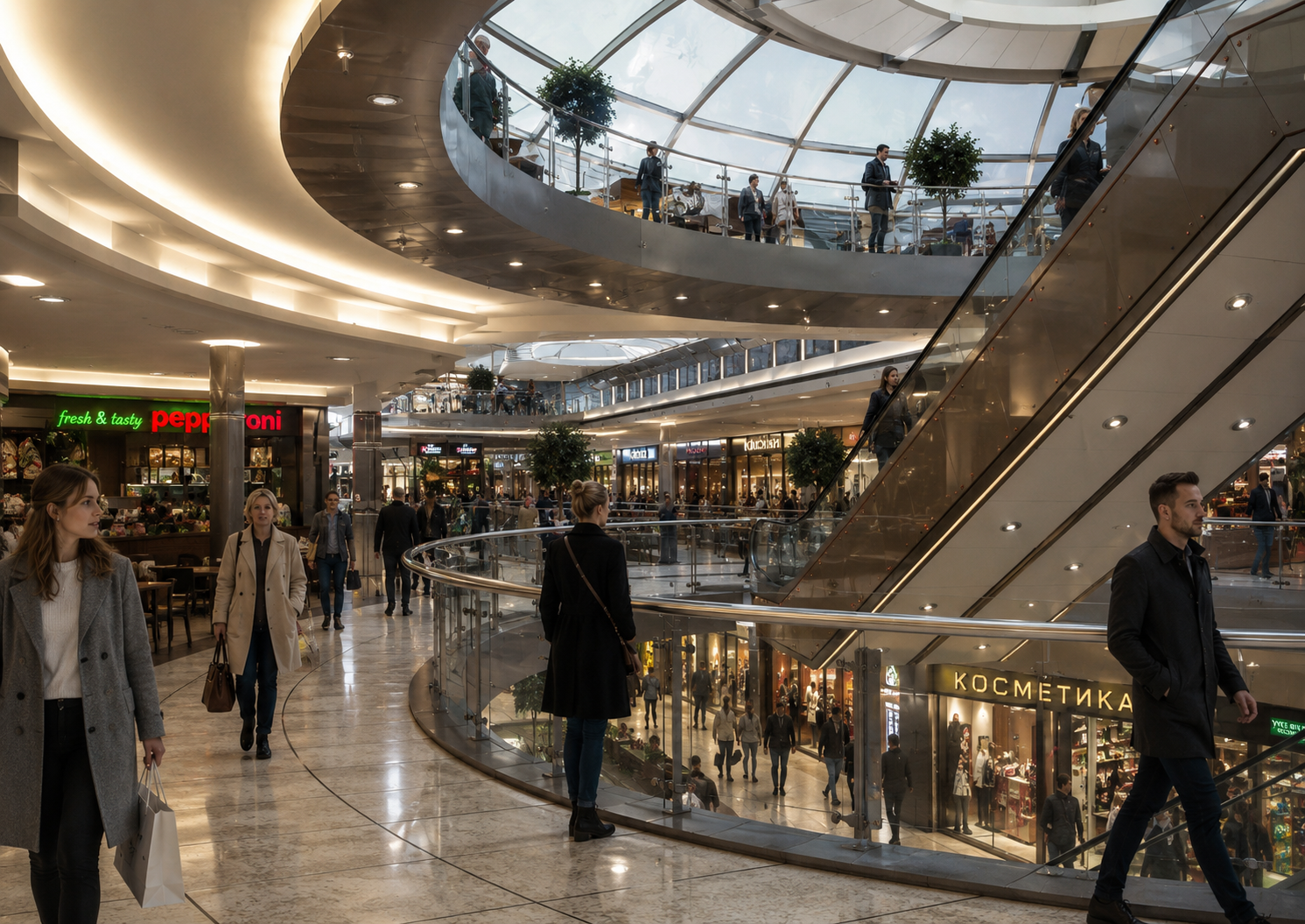 Interior of a multi-level shopping mall with people walking on the ground level and escalators connecting the floors. Shops and a food stand are visible, along with large windows allowing natural light to fill the space.
