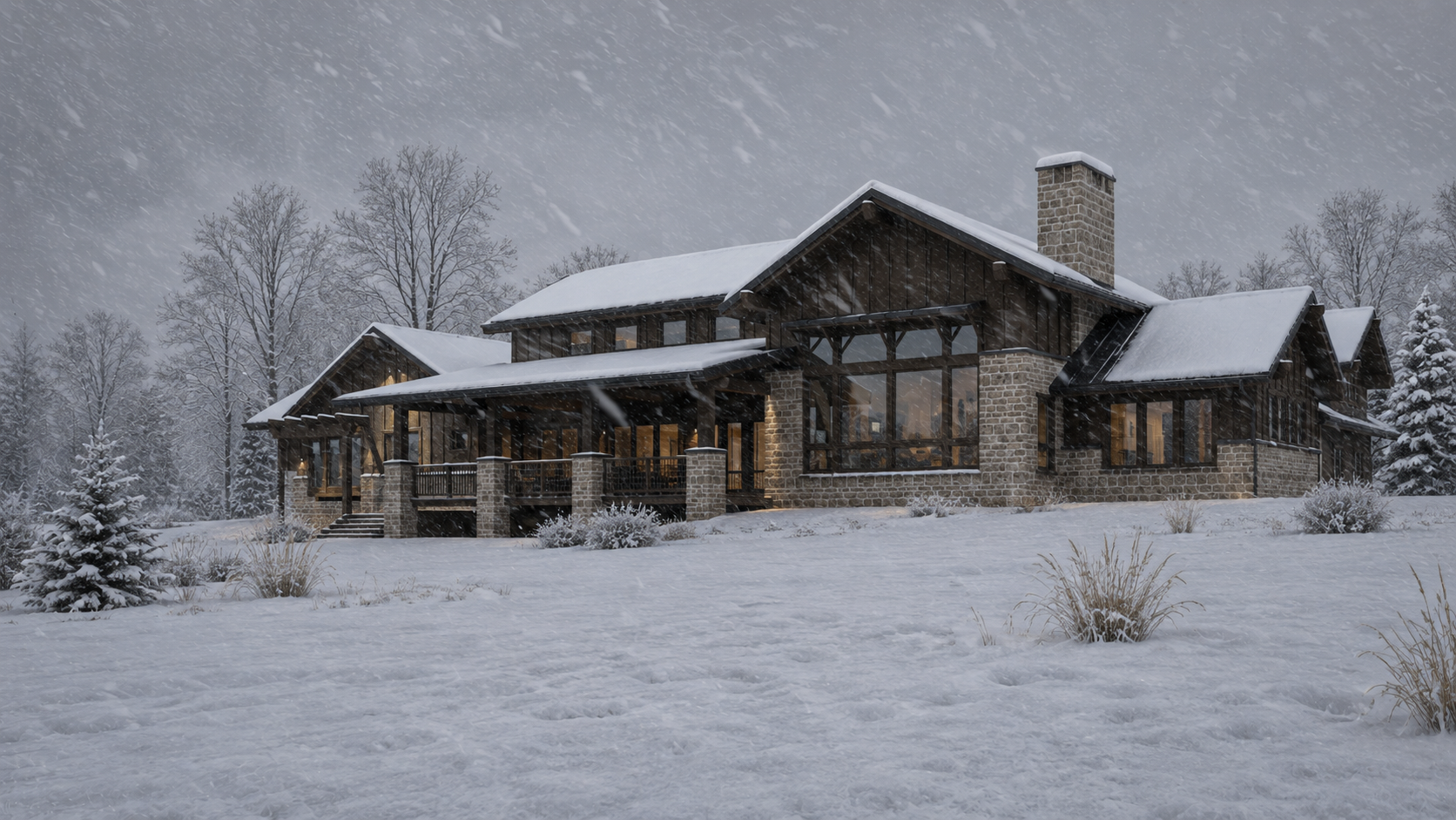 A large house made of stone with a snow-covered roof surrounded by snowy trees during snowstorm.
