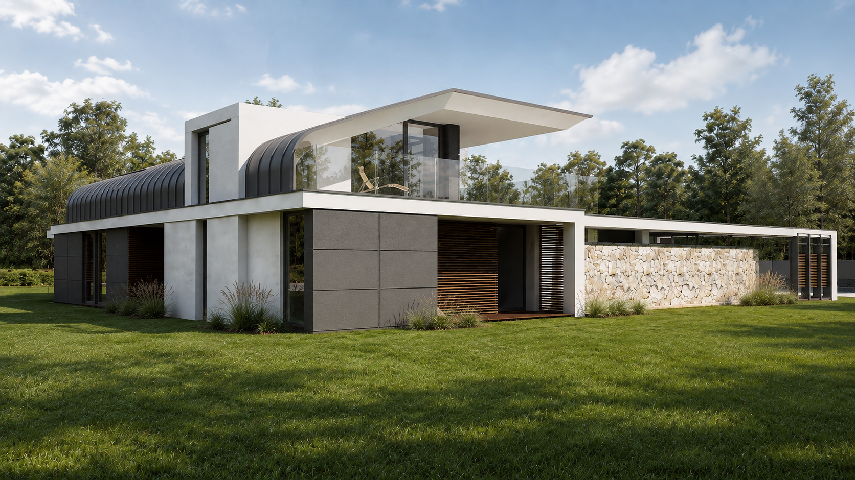 Modern two-story house with a curved roof, glass balcony, and stone wall, Lomianki, Poland