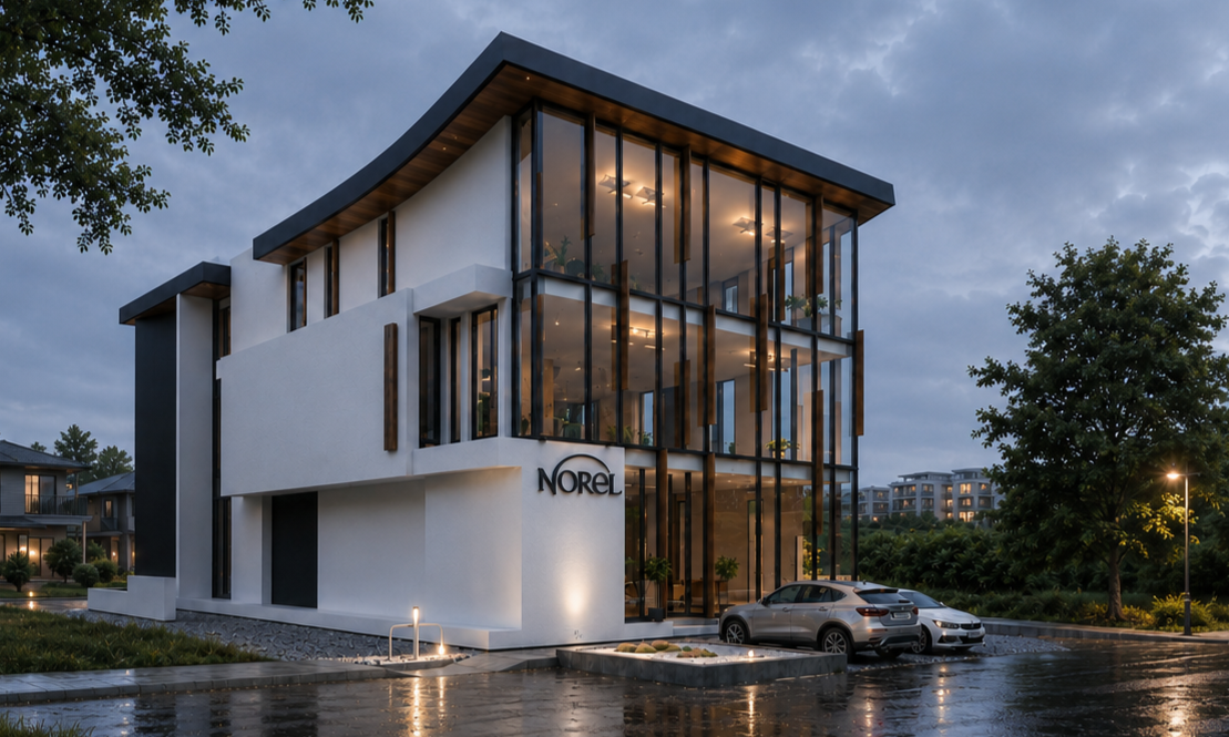 Modern multi-story building with large glass windows, 'Norel,' Poland