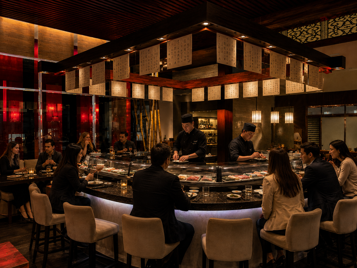 A sushi restaurant with a circular sushi bar, where chefs are preparing sushi in the center. Customers are seated around the bar, enjoying their meals, with some using chopsticks and others with drinks. The restaurant has a modern, warm ambiance with dim lighting and Japanese decor elements.