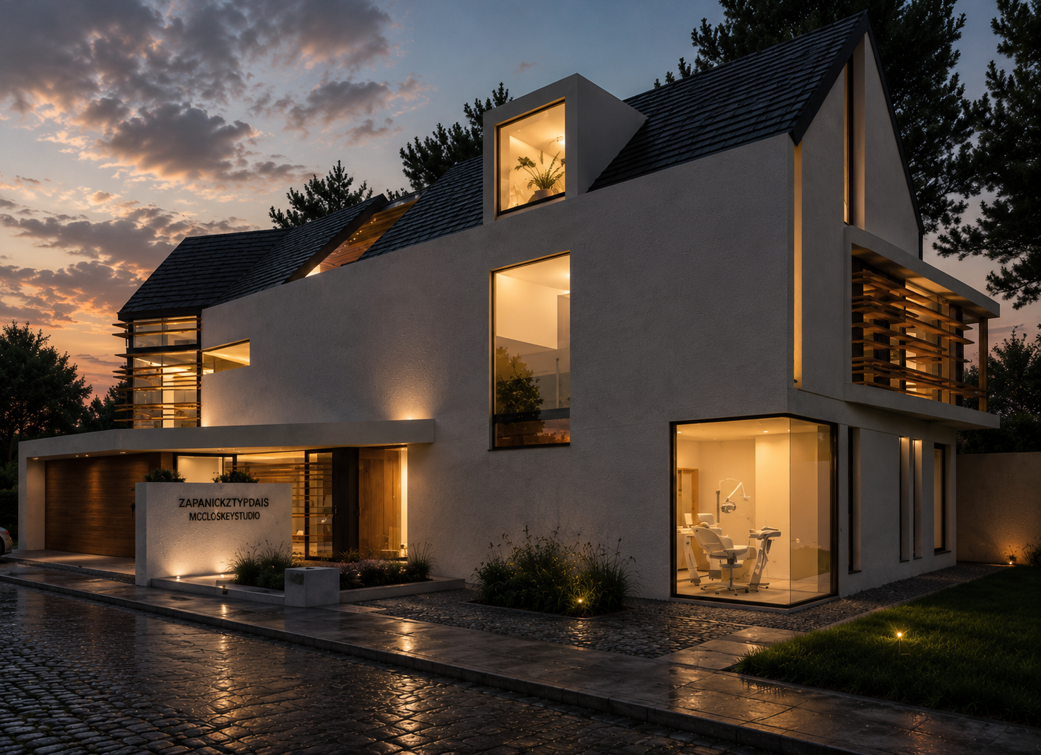 Modern multi-story house with large windows illuminated from within, Germany