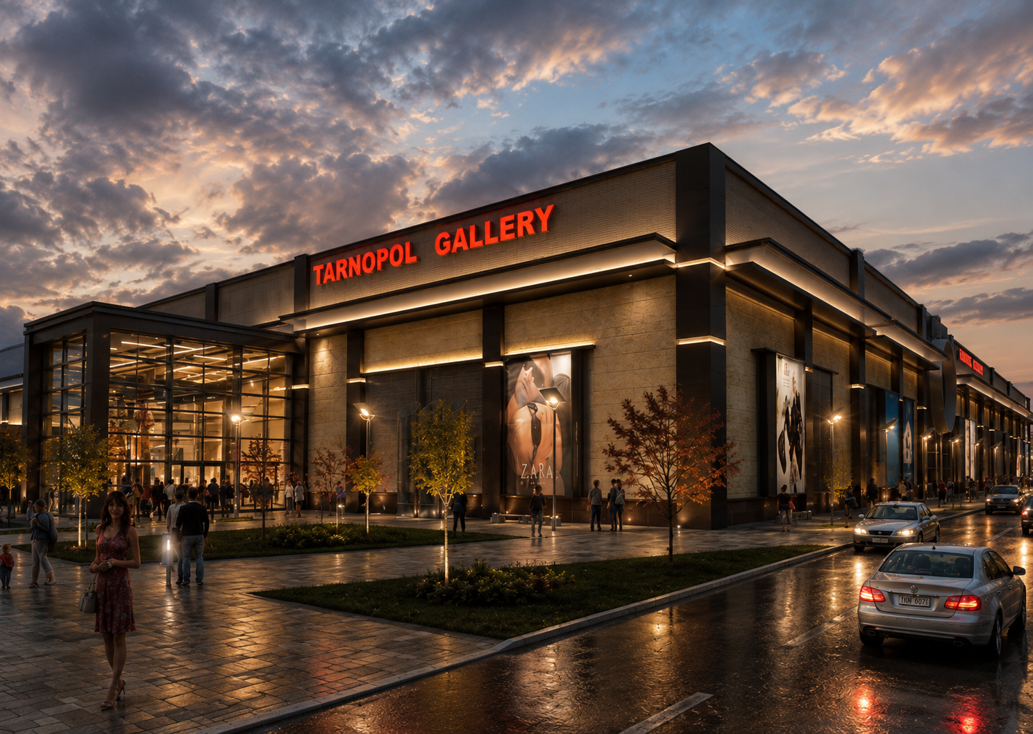 Exterior view of Tarnopol Gallery during early evening with people walking, cars parked and streetlights on, featuring large glass entrance and advertising banners