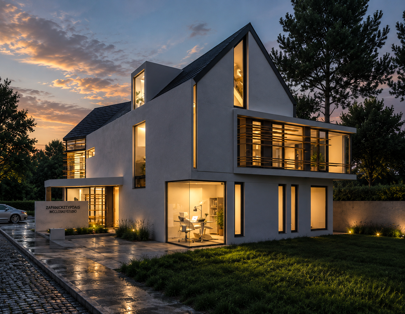 Modern multi-story house with large windows illuminated from inside, Germany