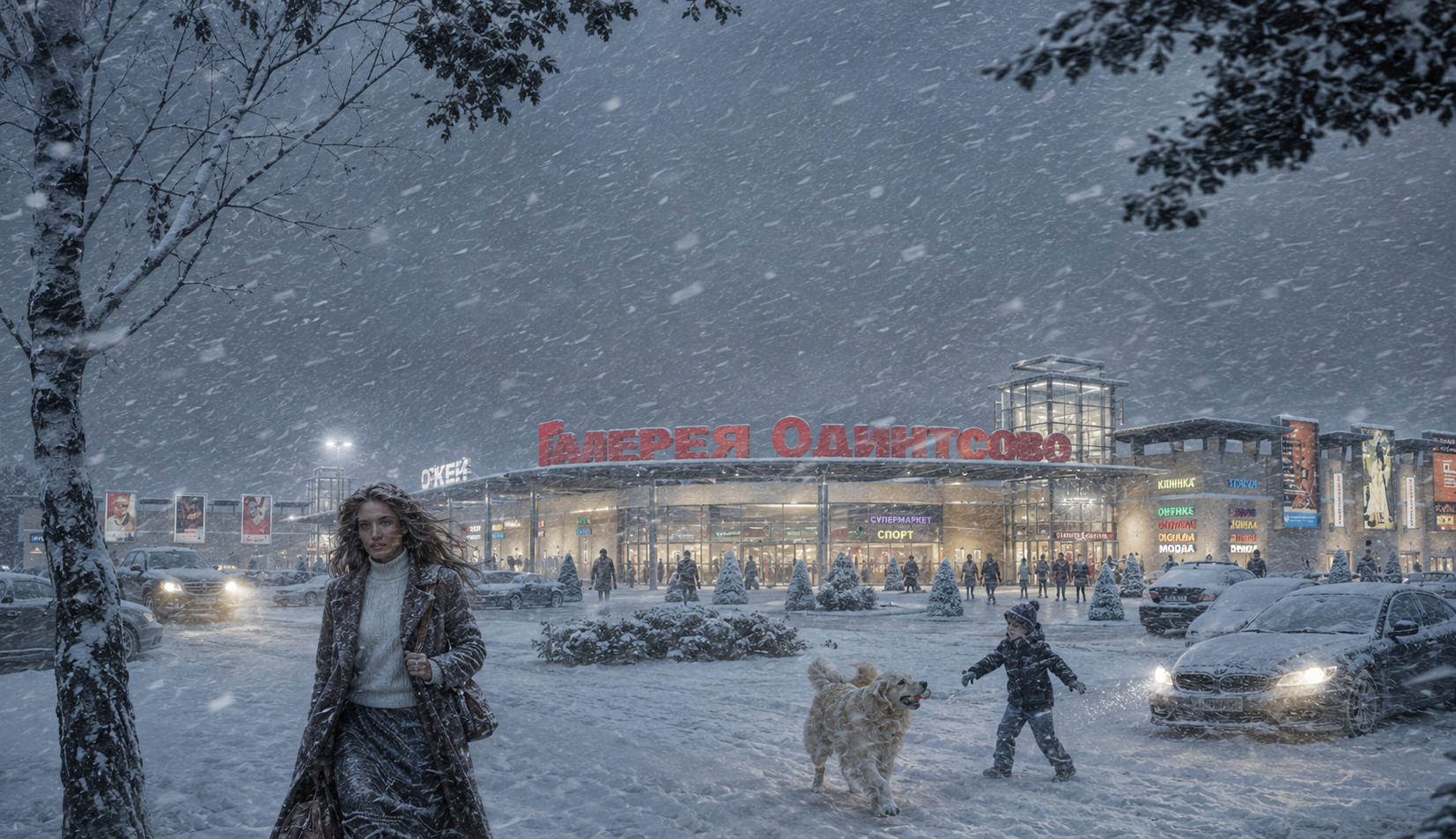 A snowy scene outside a large shopping mall with a red sign in Cyrillic, people walking, and a woman and child with a dog in the foreground.