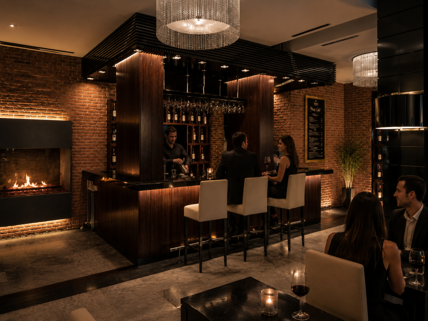 A cozy restaurant with a brick wall fireplace, a bar with a bartender serving drinks, and patrons enjoying wine at tables, illuminated by warm lighting and chandeliers. Vilanova, Wilanow, Warszawa