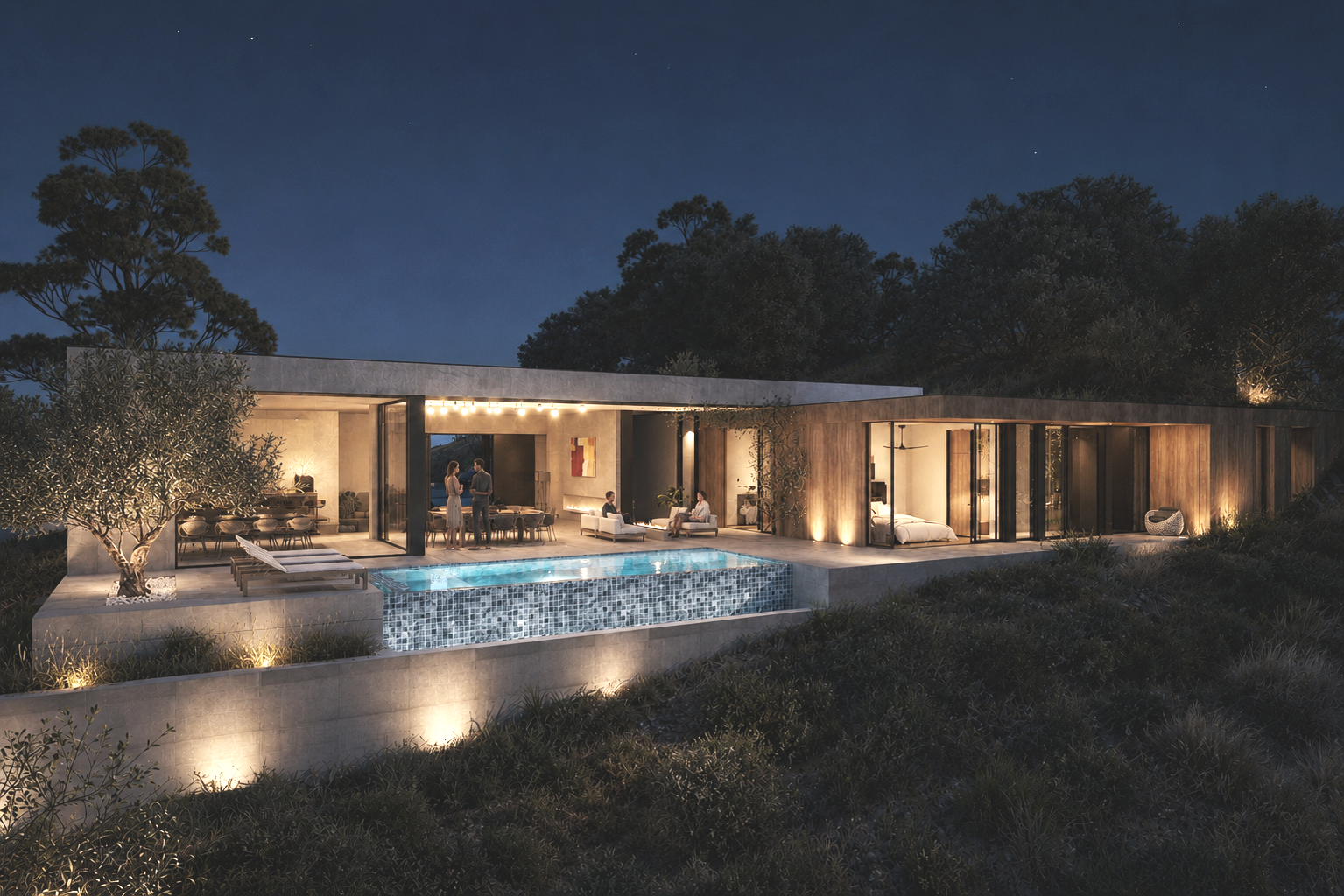 Modern luxury house at night with outdoor pool, illuminated patio, and interior lighting visible through large glass windows, Greenbrae, Marin, California