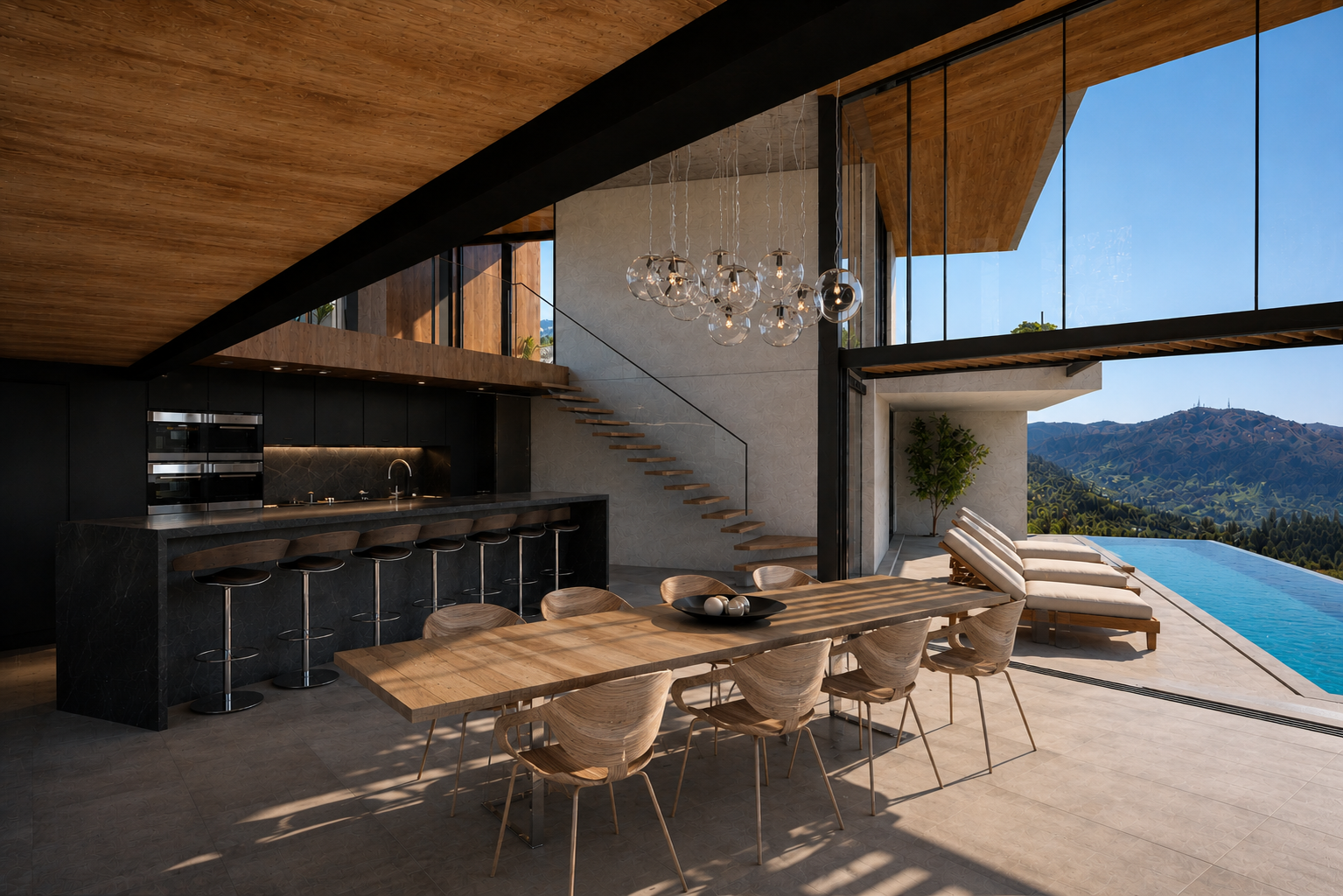 Modern open-air living space with a dining table, wooden chairs, a kitchen island with bar stools, a staircase, large windows, and a view of mount Tamalpais and a pool.