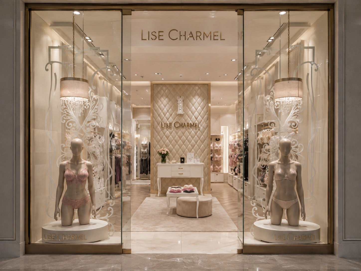 Lise Charmel lingerie boutique storefront with mannequins displaying lingerie, elegant decor, and a central display table.