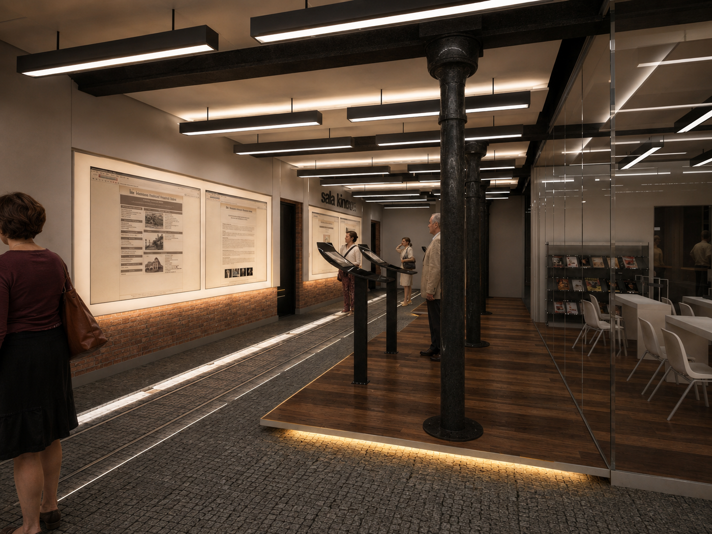 People viewing framed historical documents and digital information displays in an exhibition space with brick and modern design elements.