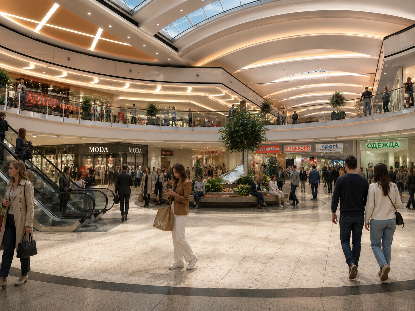 Interior of a modern multi-level shopping mall.