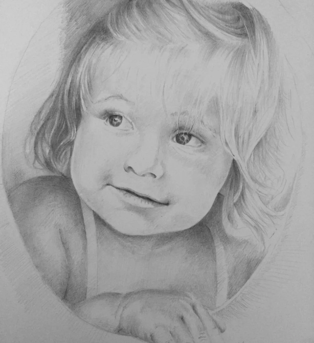 A detailed pencil sketch of a young girl with wavy hair and a gentle smile, resting her head on her arm.
