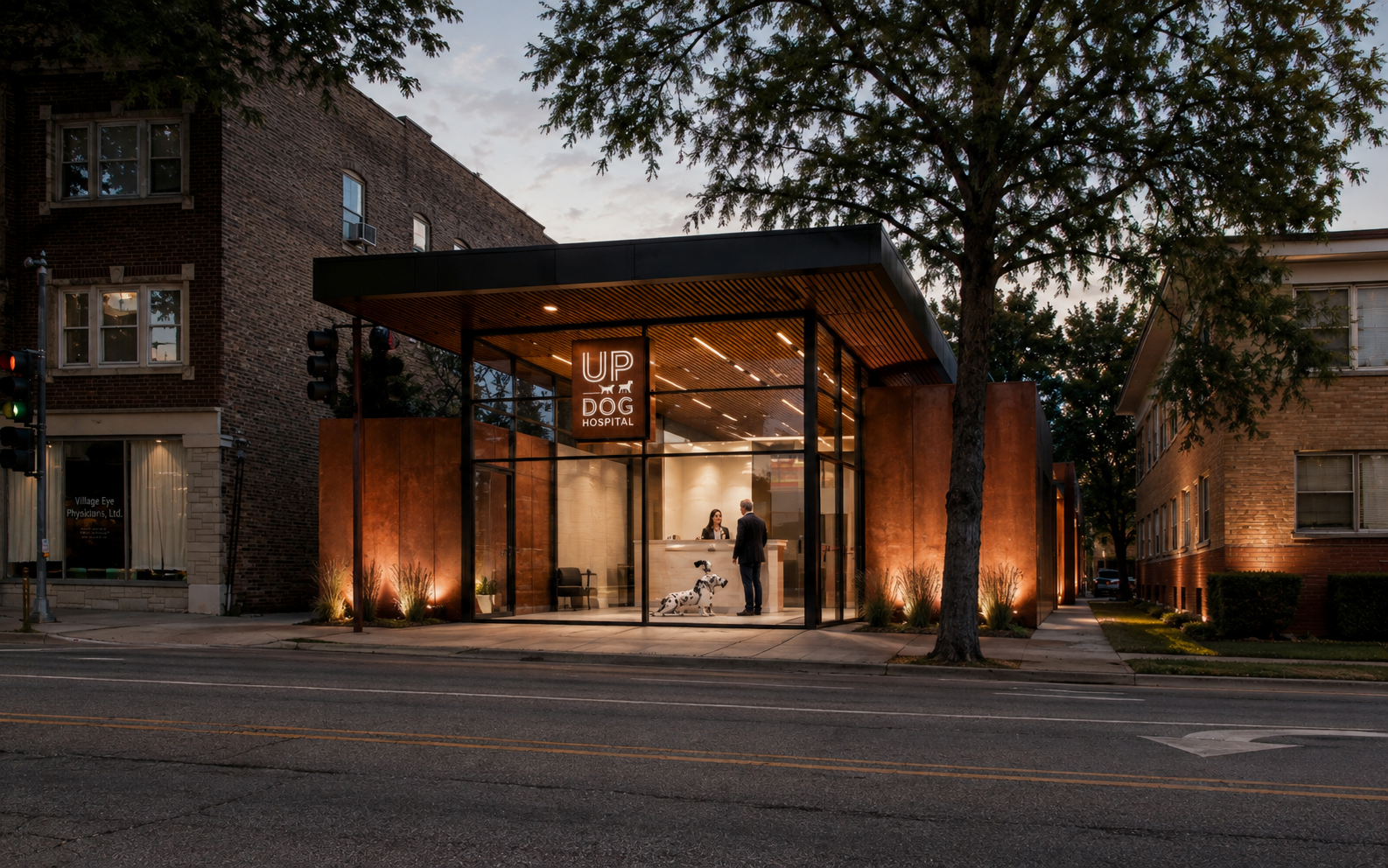 Modern veterinary clinic building labeled 'UP DOG HOSPITAL' with glass front, interior reception area, a woman and a man talking, Oak Park Yuppie Poppie