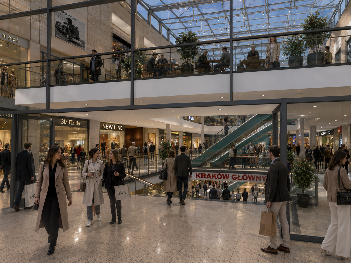 Interior of a multi-story shopping mall with shoppers walking around; Train station, Kraków, Krakow Główny