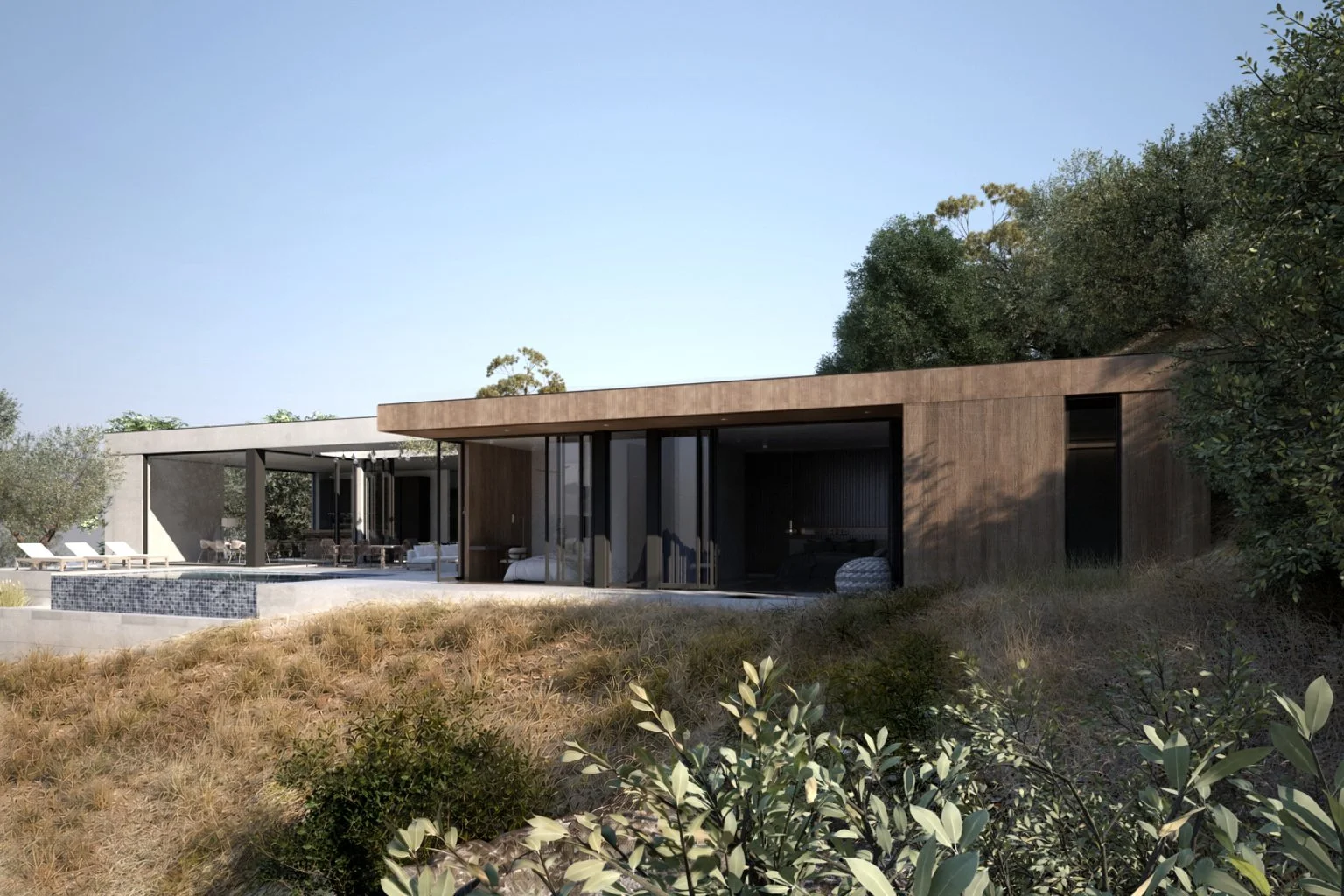 Modern house with open patio, surrounded by trees and shrubs, featuring large glass windows and a pool. Greenbrae, Marin, California