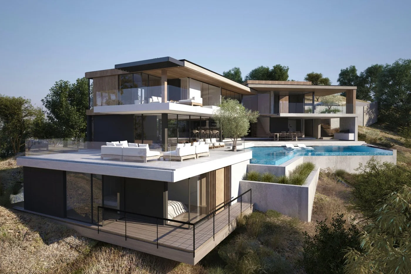 Modern multi-story house with large glass windows, outdoor seating, a swimming pool, on the Kentfield ridge. Marin County, California