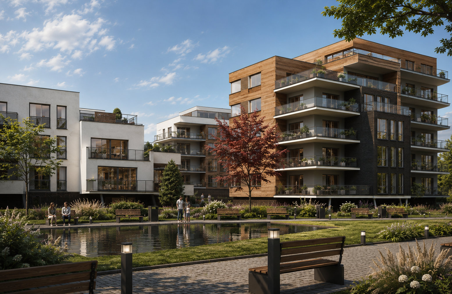 Modern apartment complex with multiple balconies, surrounded by landscaped gardens, a small pond, and benches, under a blue sky. Konstantynowska, Ogród Botaniczny Łódź