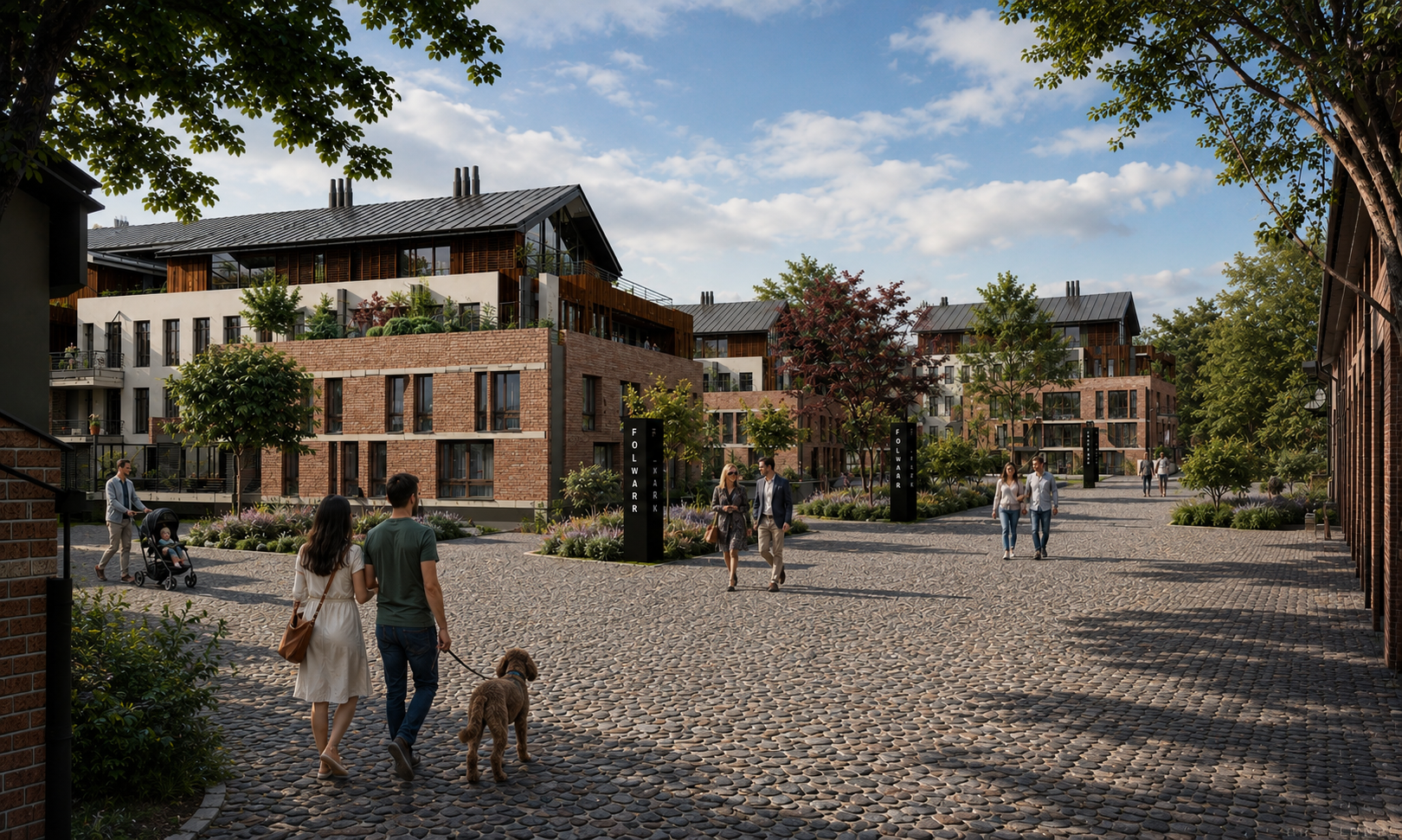 A modern residential complex with multiple apartment buildings made of brick and wood, surrounded by trees, paved walkways, and landscaped gardens. Several people are walking, including a couple with a dog, and a person pushing a stroller, under a blue sky with scattered clouds.