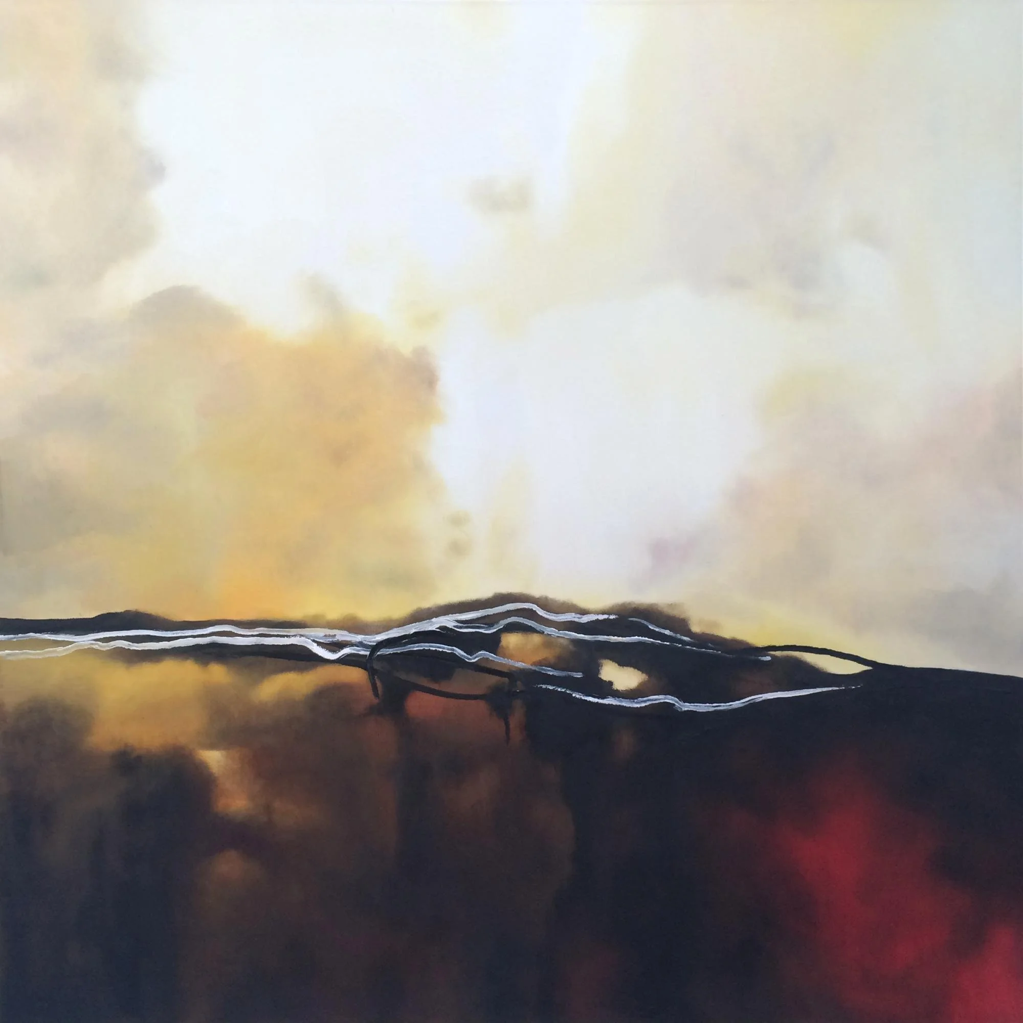 An abstract painting with dark tones at the bottom and lighter tones towards the top, featuring a black silhouette of a mountain range or landscape in the middle.