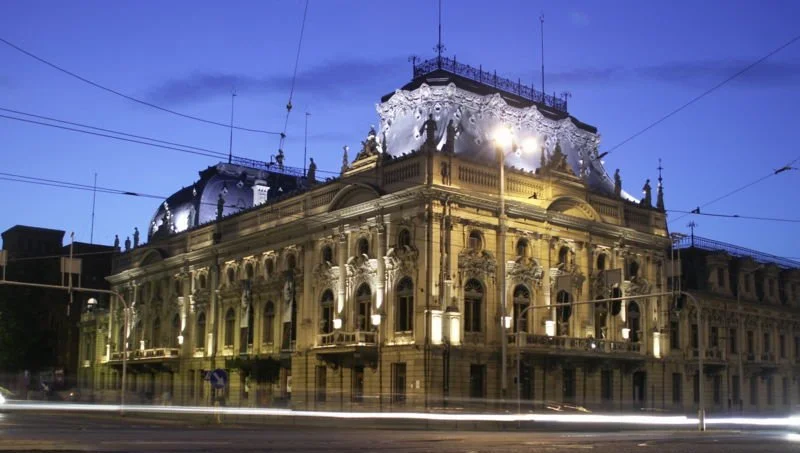 Historic Palac Poznanskiego illuminated at night- renovation Museum History of Lodz- adaptation, renovation