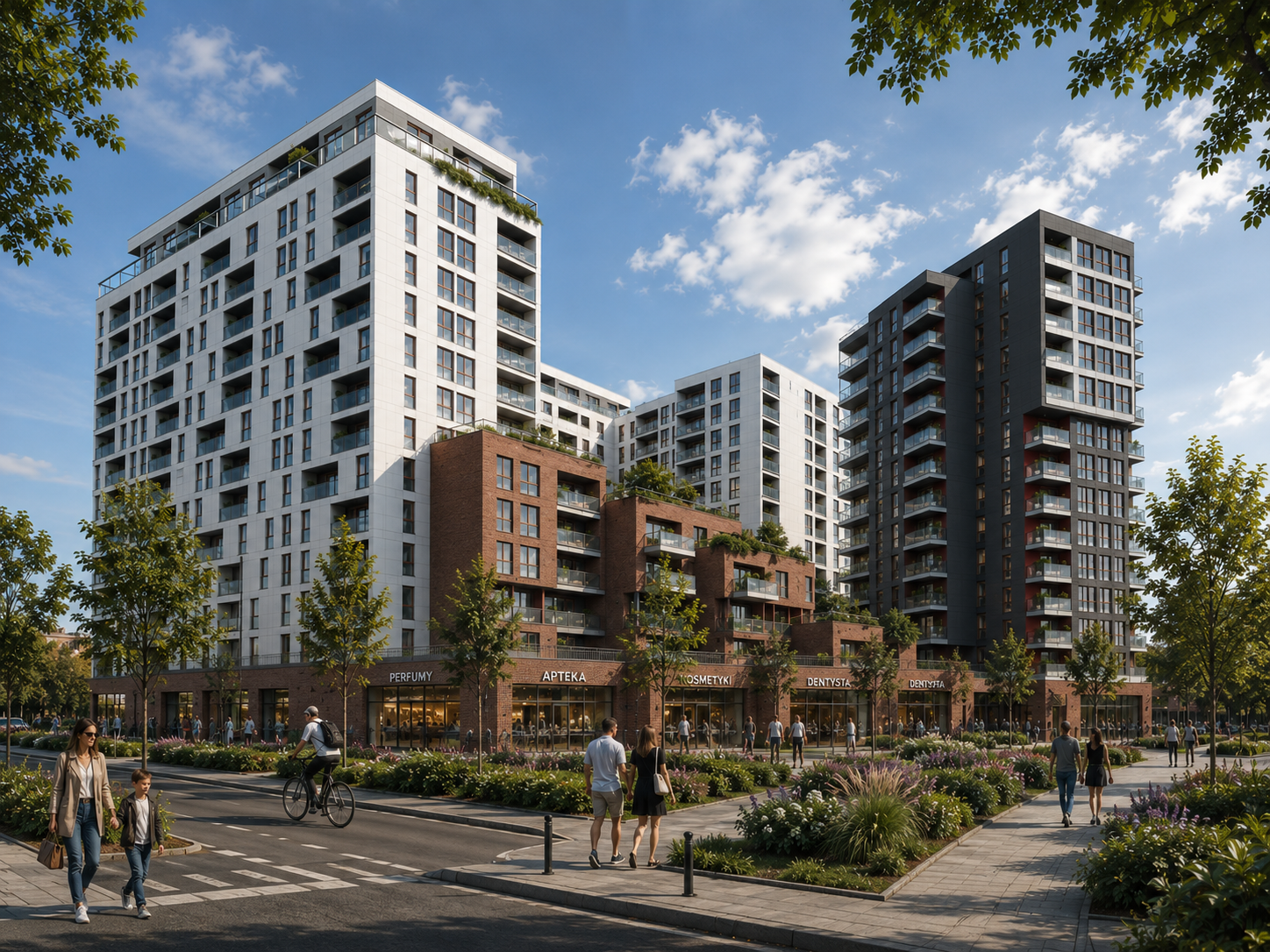 Modern multi-story apartment buildings with retail shops on the ground floor, surrounded by landscaped walkways and people walking and biking in an urban area. Wyszyńskiego, Łódź