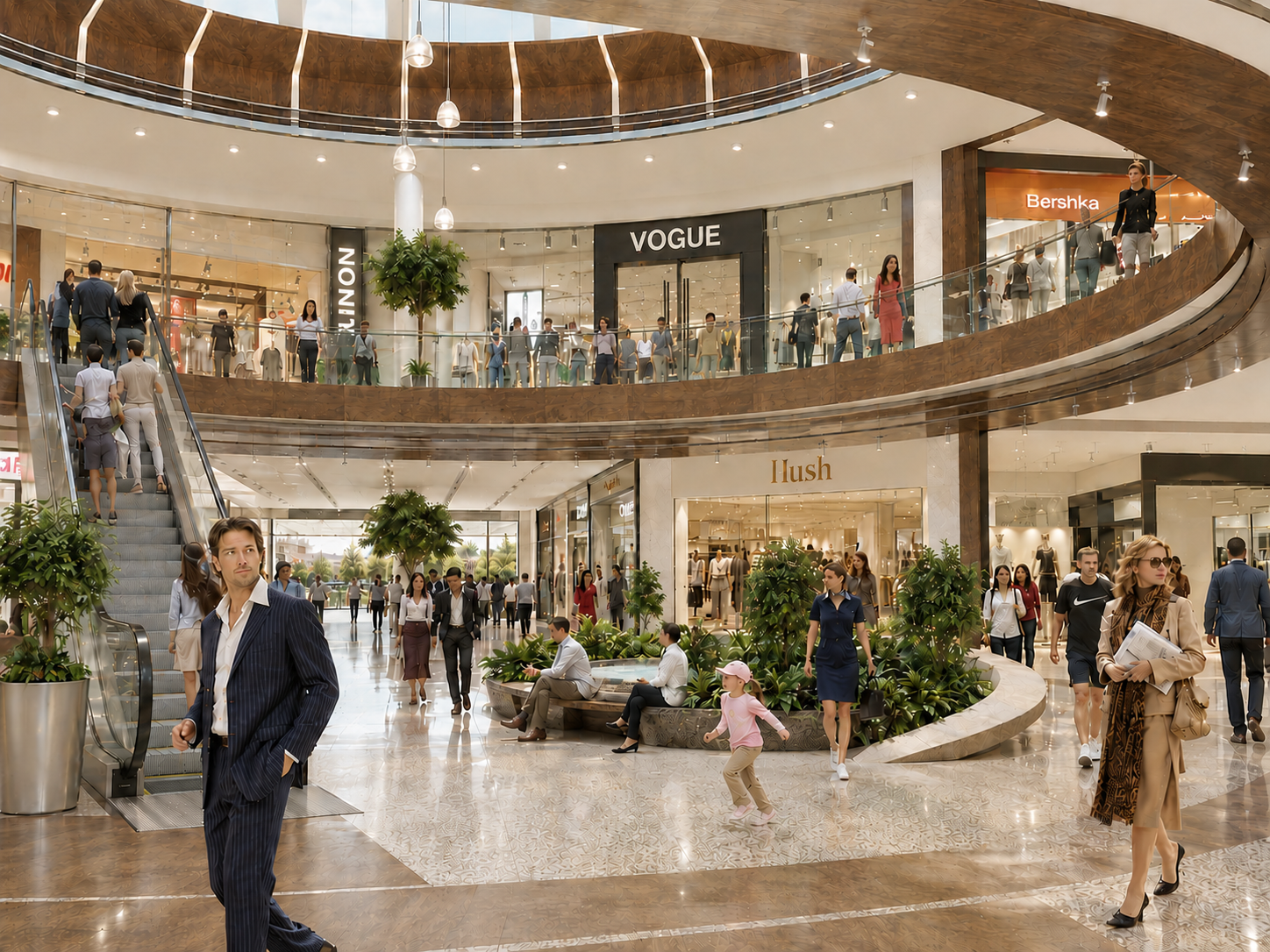 Interior of a modern shopping mall with shoppers walking and sitting, stores visible, escalator on the left, and multiple floors with retailers like Vogue, Bershka, and Hush.