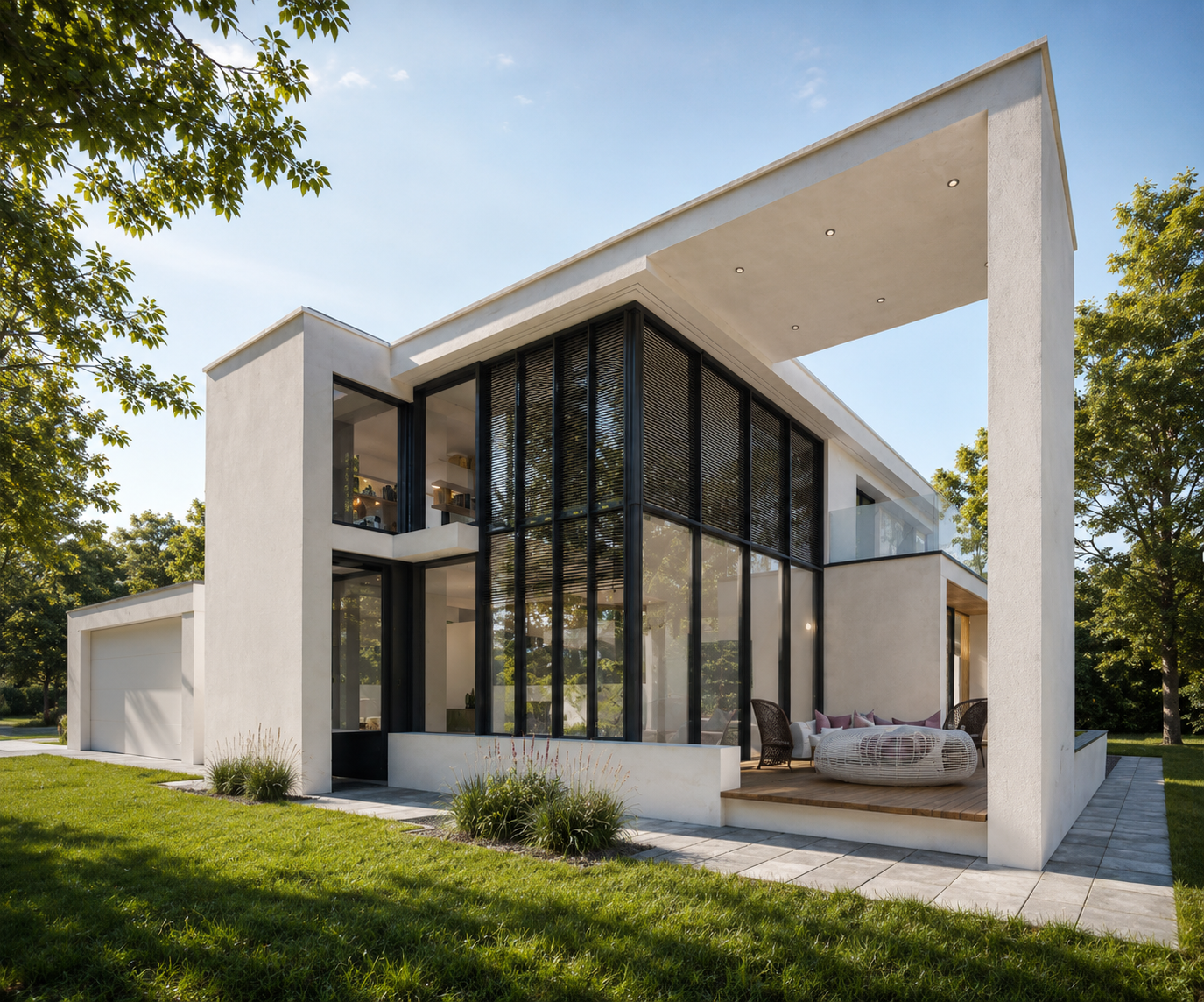 Modern two-story house with large glass windows, white exterior walls, and an outdoor patio with seating, surrounded by green grass and trees under a blue sky.
