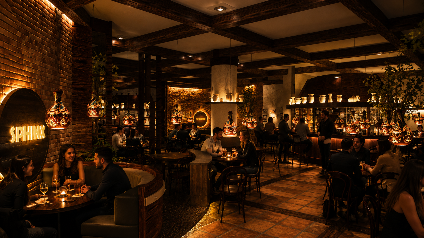 Interior of a warm, dimly lit restaurant with brick and wooden decor, tables with couples and groups dining, hanging decorative lamps, and a bar area in the background. Sphinks